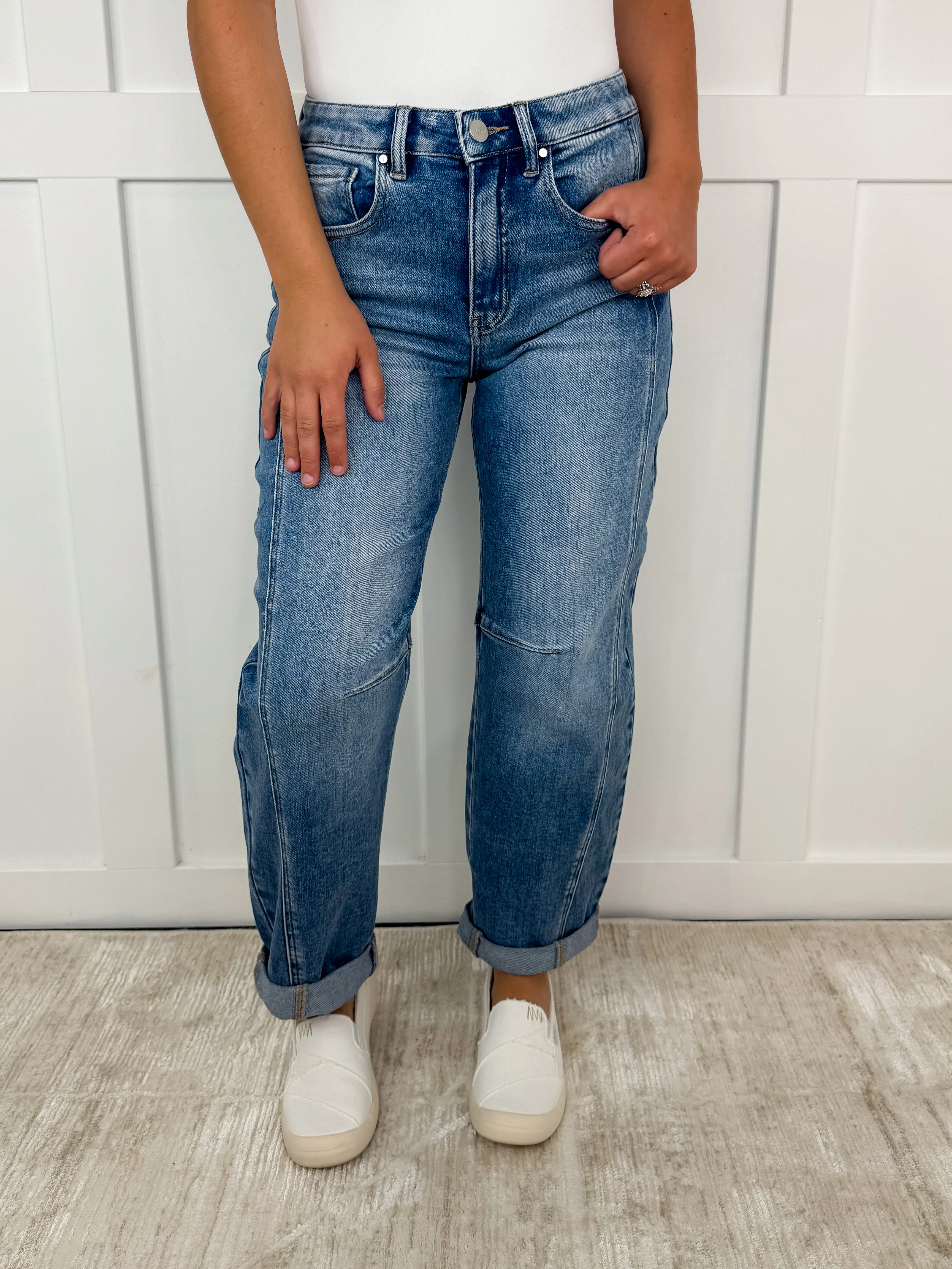 Risen Beth High-Rise Cuffed Boyfriend Medium Wash Barrel Jeans - Image 3