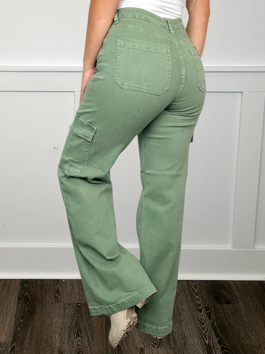 Risen Beverly High-Rise Wide Leg Cargo Sage Jeans - Image 2