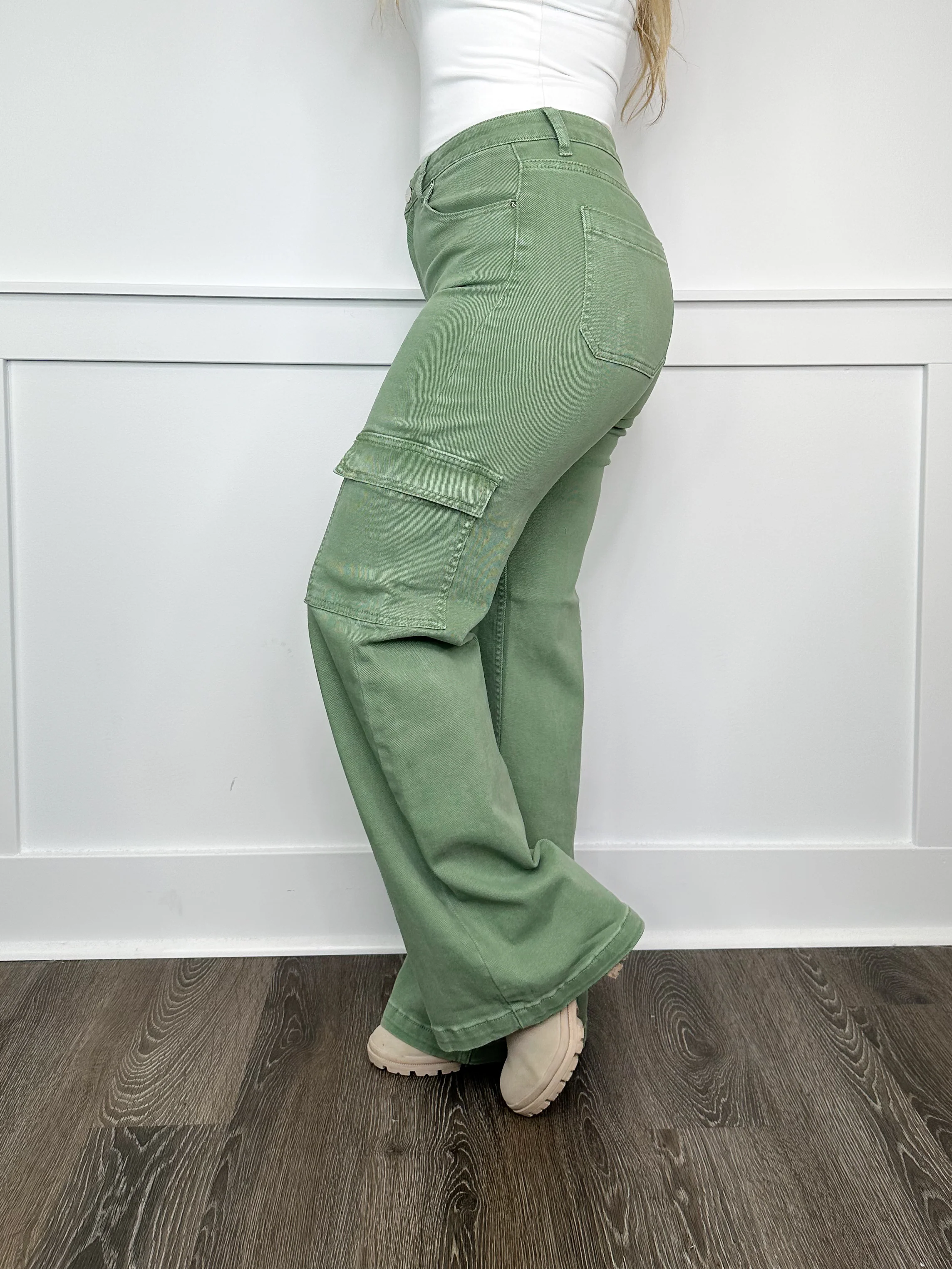 Risen Beverly High-Rise Wide Leg Cargo Sage Jeans - Image 3