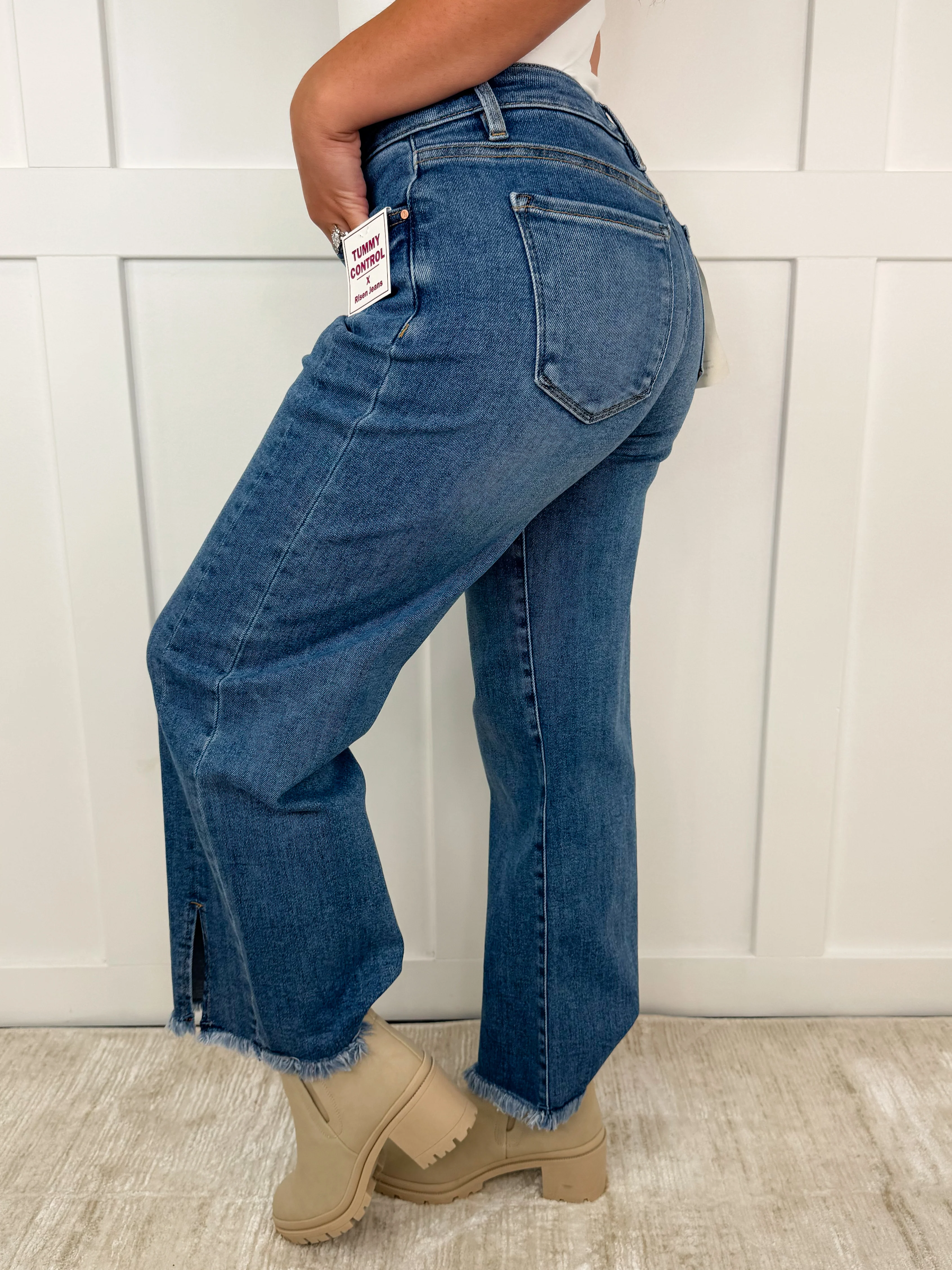 Risen Carrie Tummy Control Mid-Rise Fray Hem Wide Leg Cropped Medium Wash Jeans - Image 2
