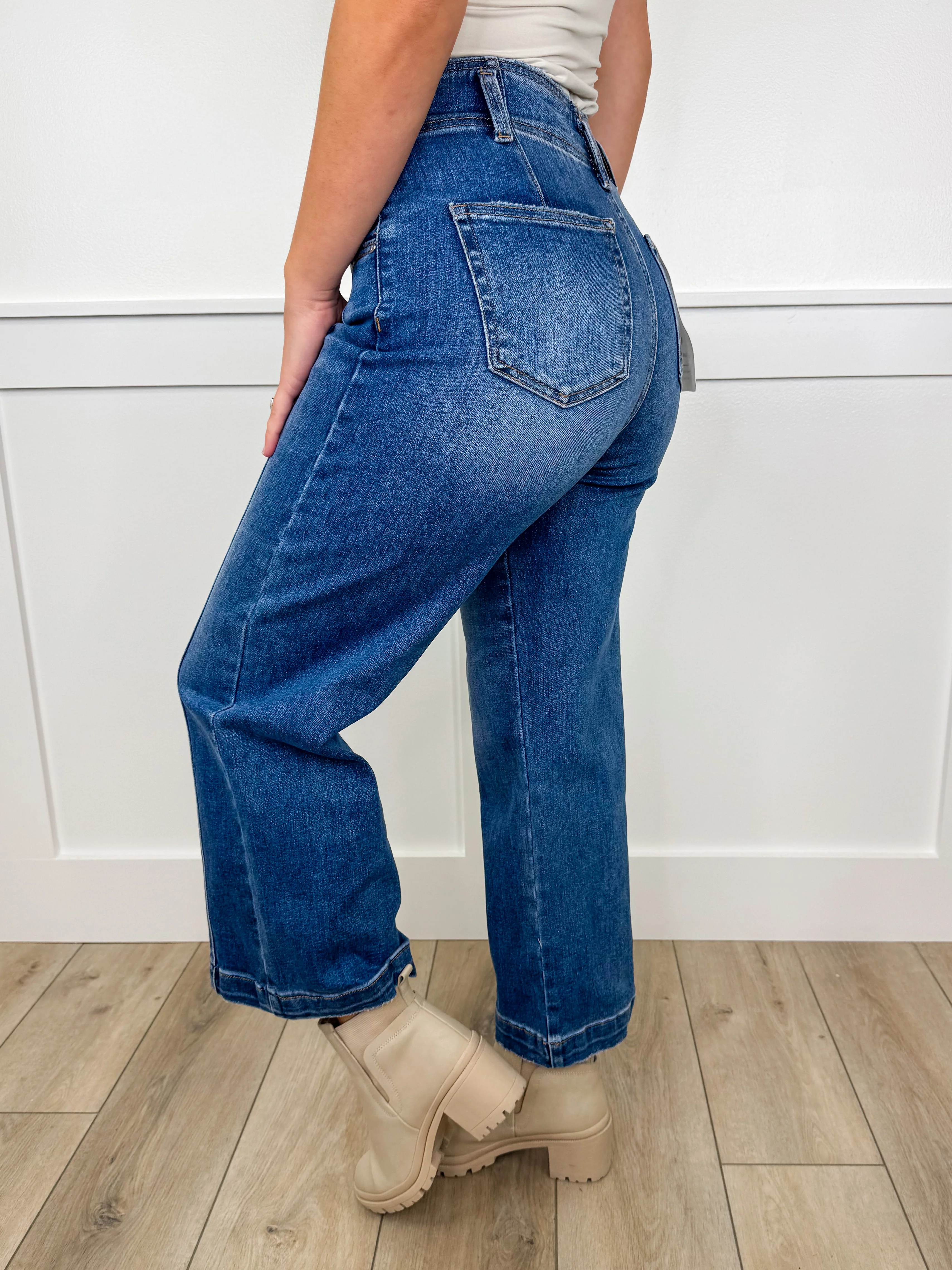Risen Clarissa High-Rise Double Button Wide Leg Cropped Medium Wash Blue Jeans - Image 2