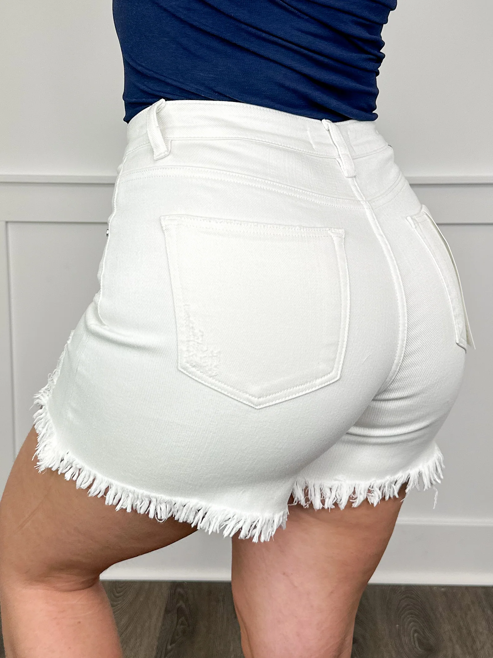 Risen Daisy Tummy Control Distressed High-Rise Fray Hem White Shorts - Image 2