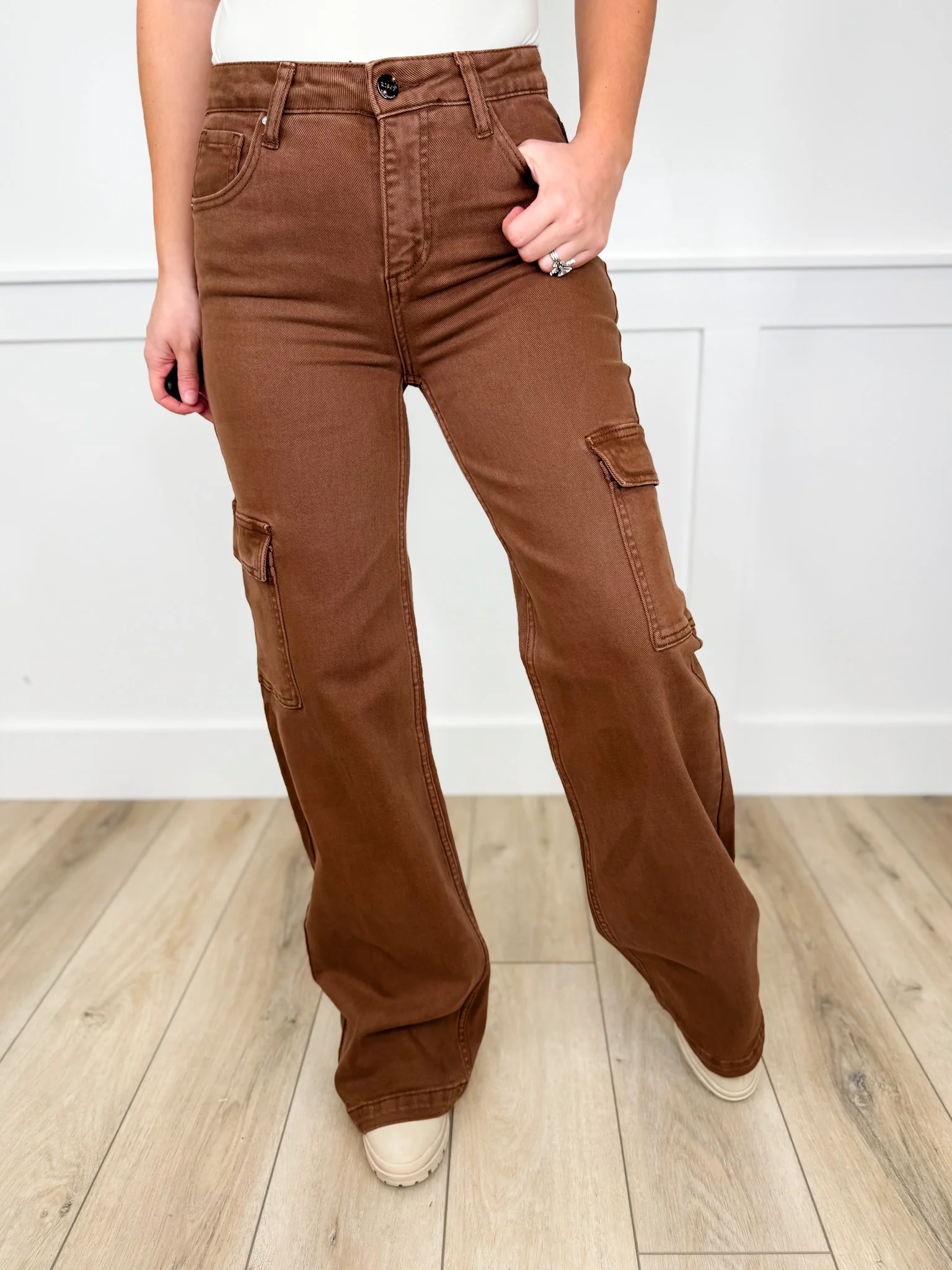 Risen Finley High-Rise Wide Leg Jeans - Brown (Cargo, Non Distressed)