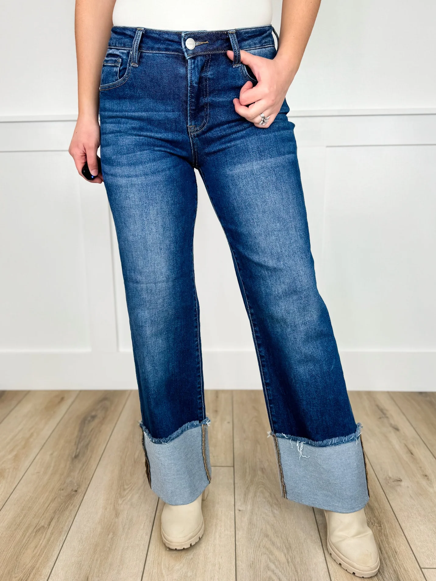 Risen Hadley Mid-Rise Wide Leg Jeans - Dark Wash (Cuffed, Non-Distressed)