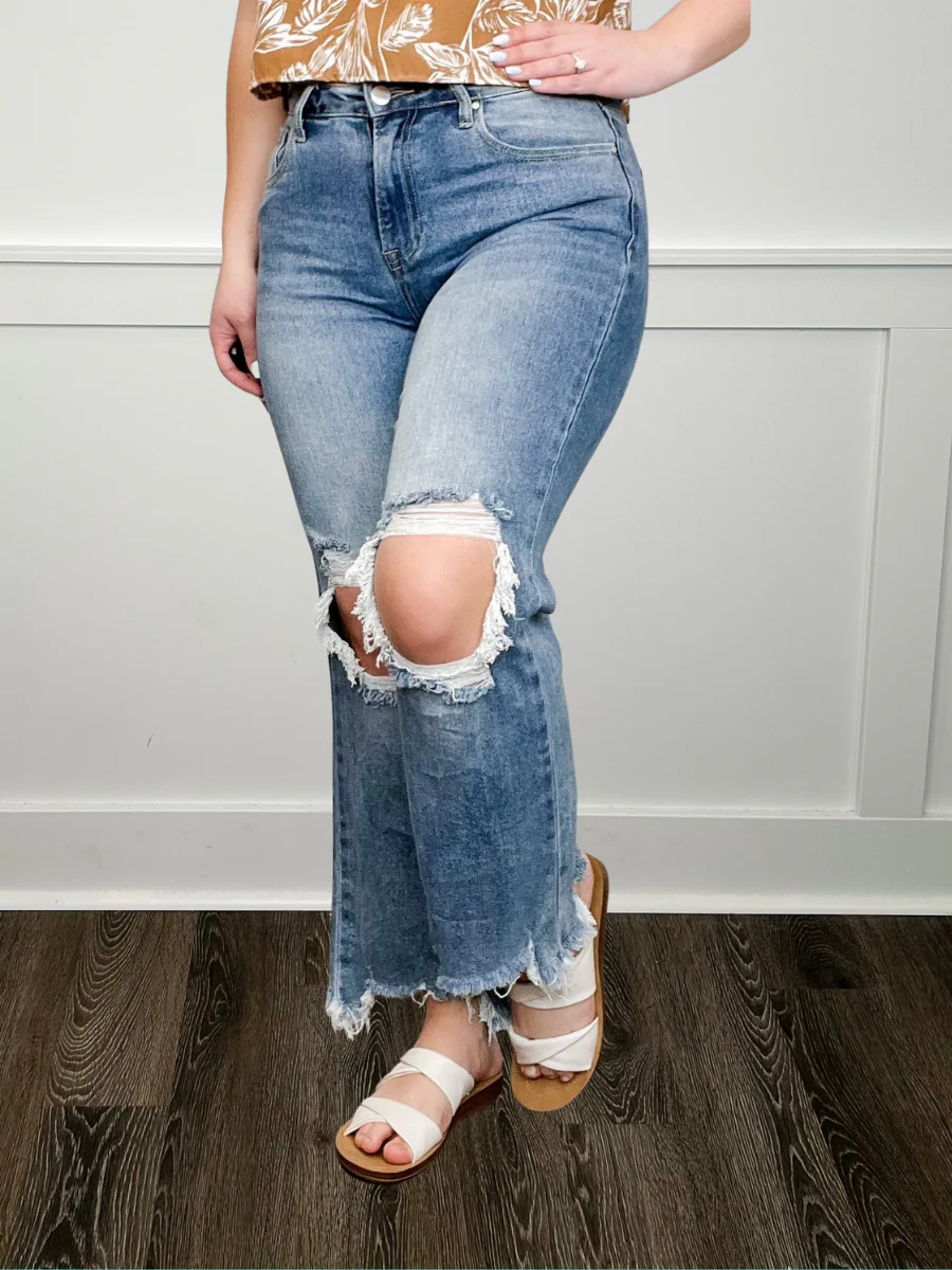 Risen Kristi High-Rise Straight Leg Cropped Jeans - Medium Wash (Distressed)