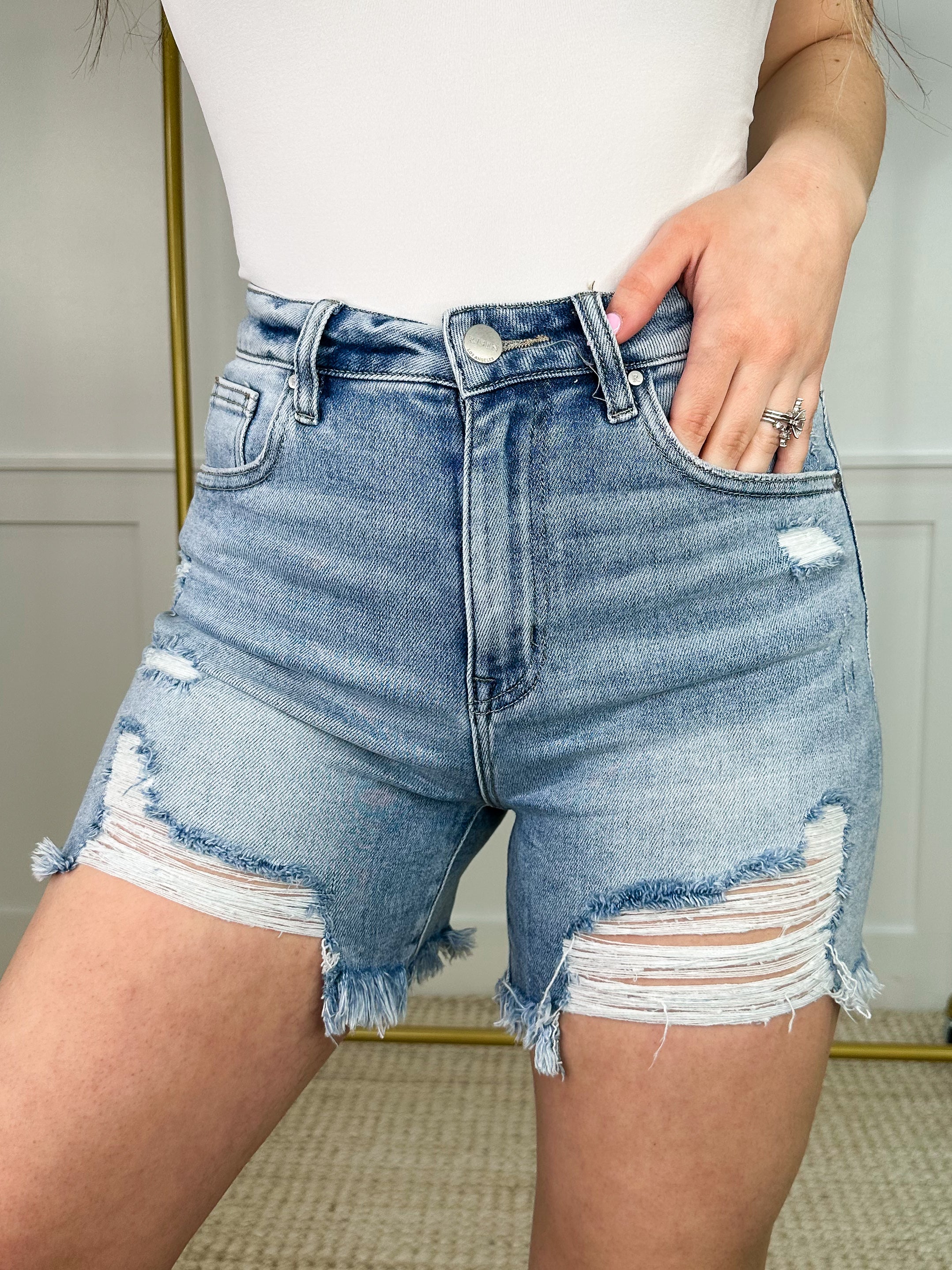 Risen Lainey Distressed High-Rise Fray Hem Light Wash Blue Shorts - Image 3