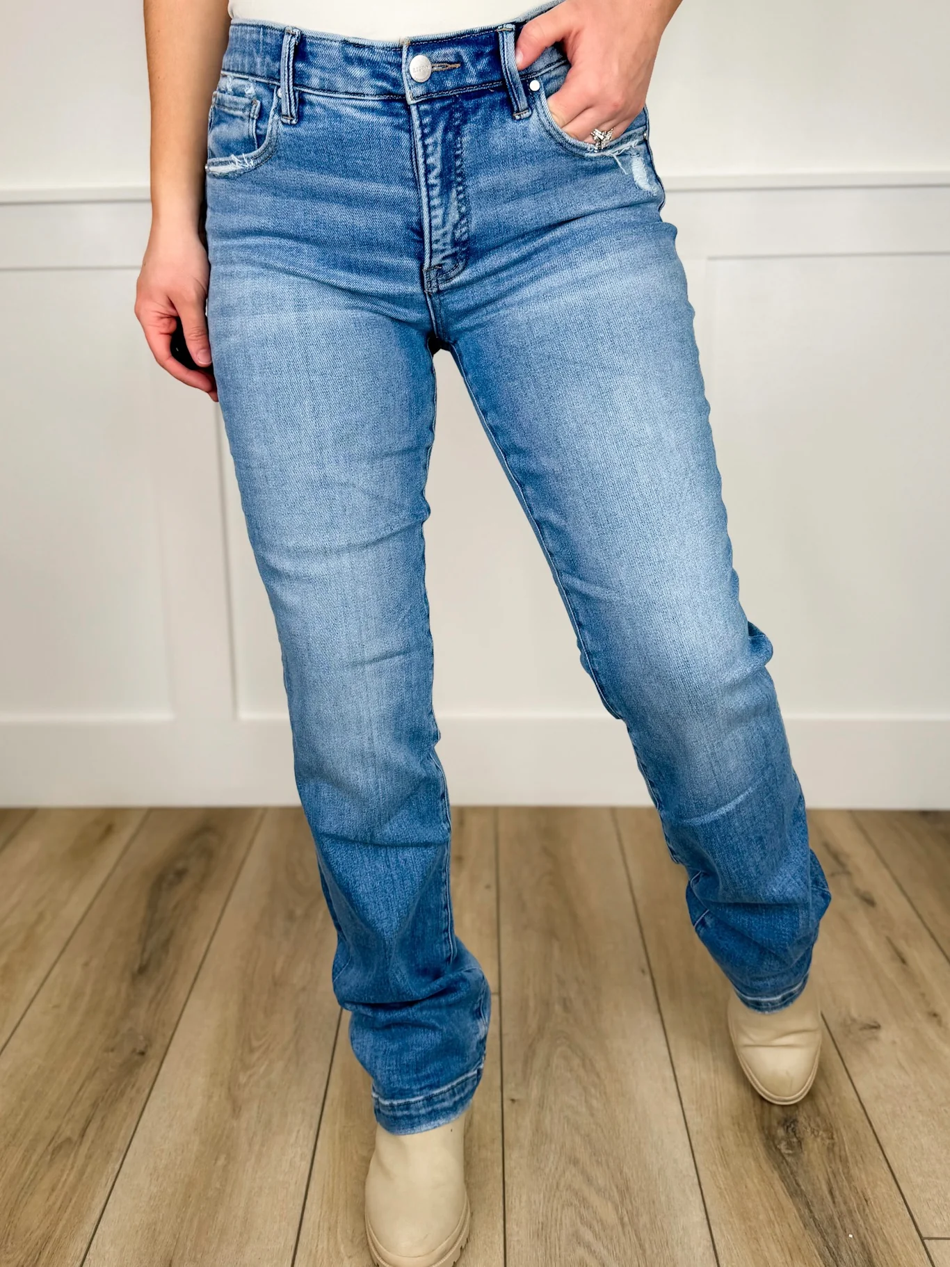 Risen Lennon Tummy Control Mid-Rise Straight Leg Jeans - Medium Wash (Non-Distressed)
