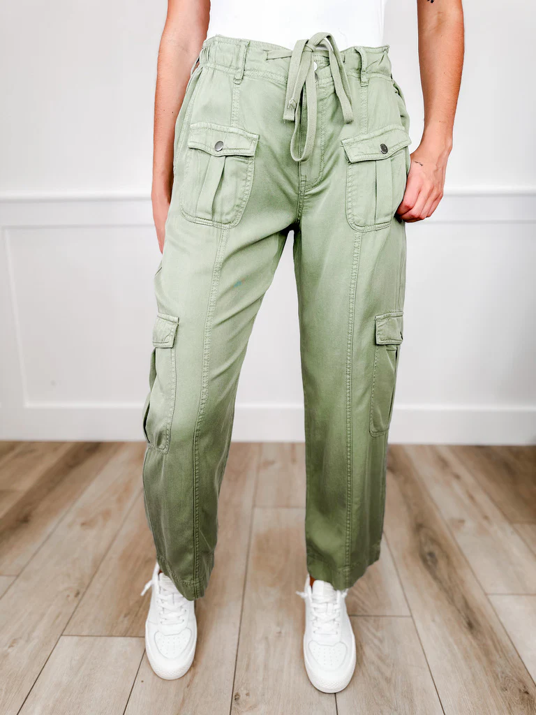 Risen Lizzie High-Rise Relaxed Fit Bottoms - Green (Cargo, Double Button, Non-Distressed)