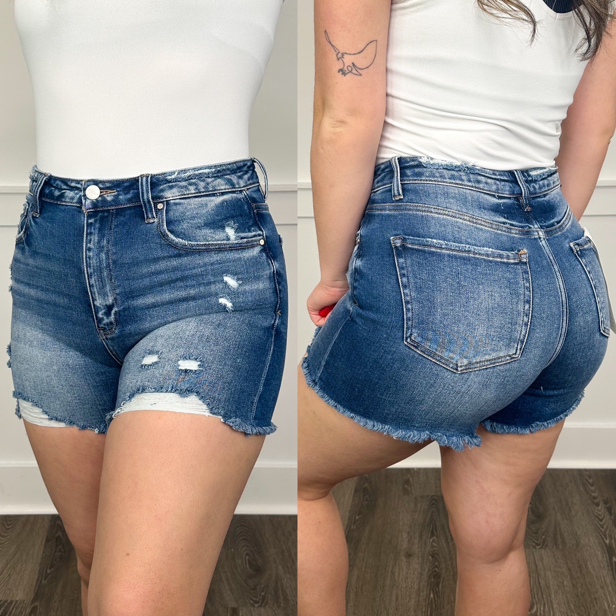 Risen Marina Distressed High-Rise Fray Hem Dark Wash Blue Shorts - Image 4