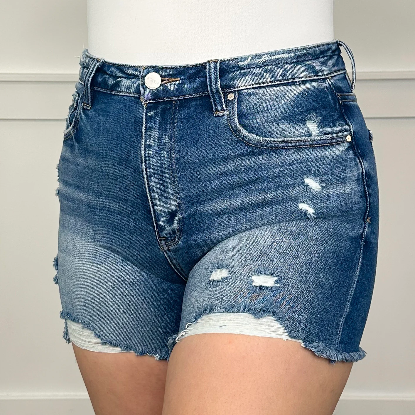 Risen Marina Distressed High-Rise Fray Hem Dark Wash Blue Shorts - Image 5