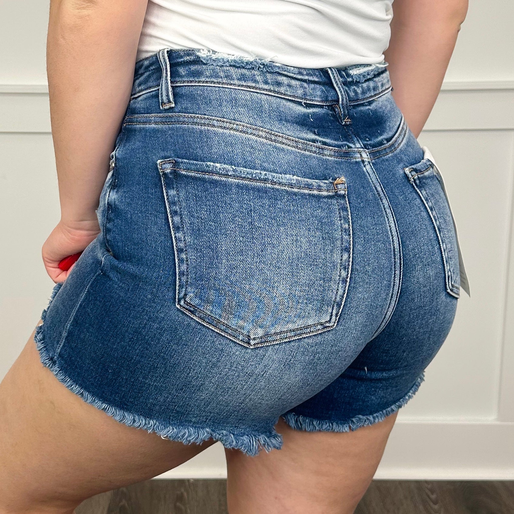 Risen Marina Distressed High-Rise Fray Hem Dark Wash Blue Shorts - Image 6
