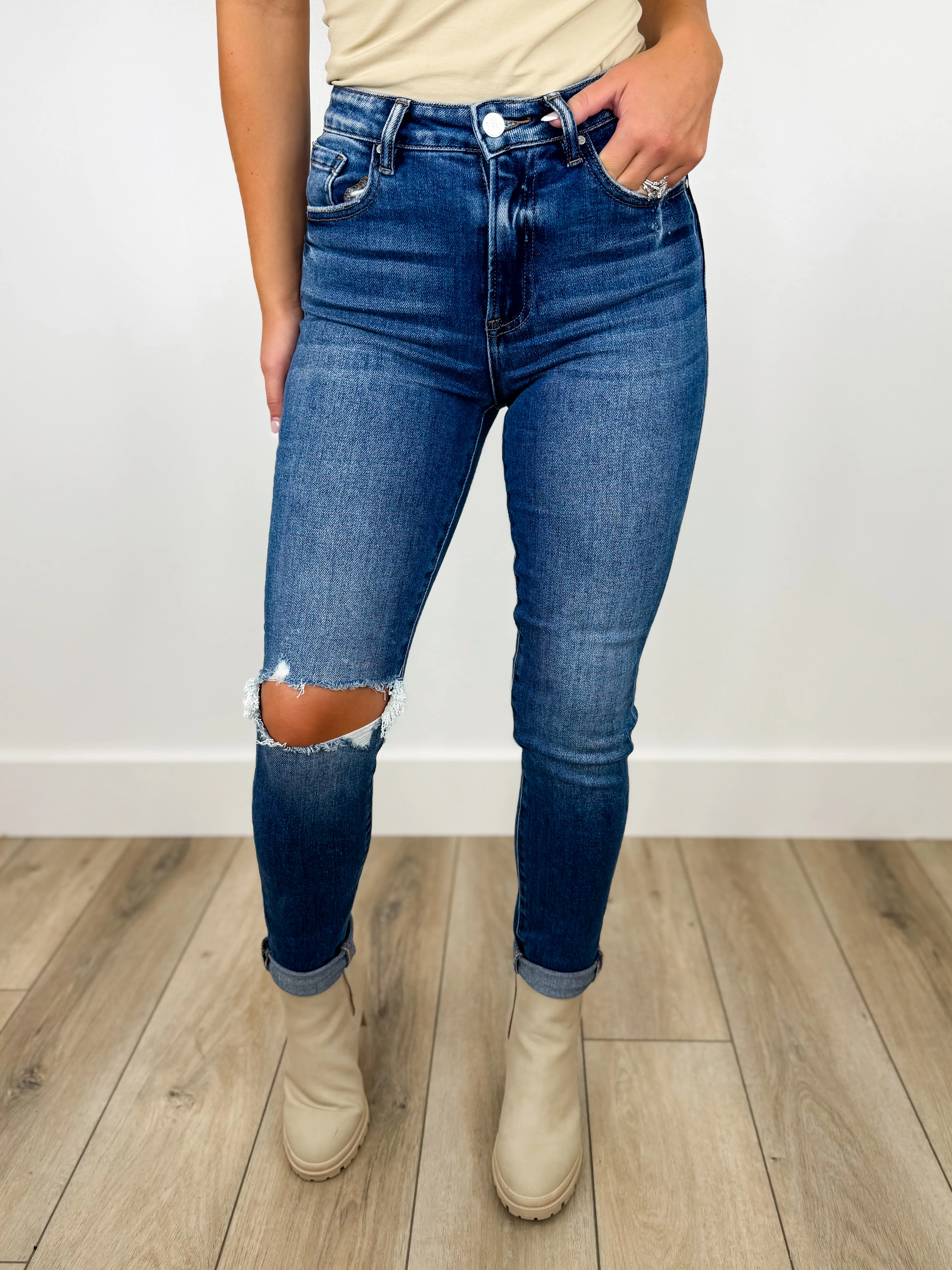 Risen Molly Distressed High-Rise Skinny Dark Wash Jeans