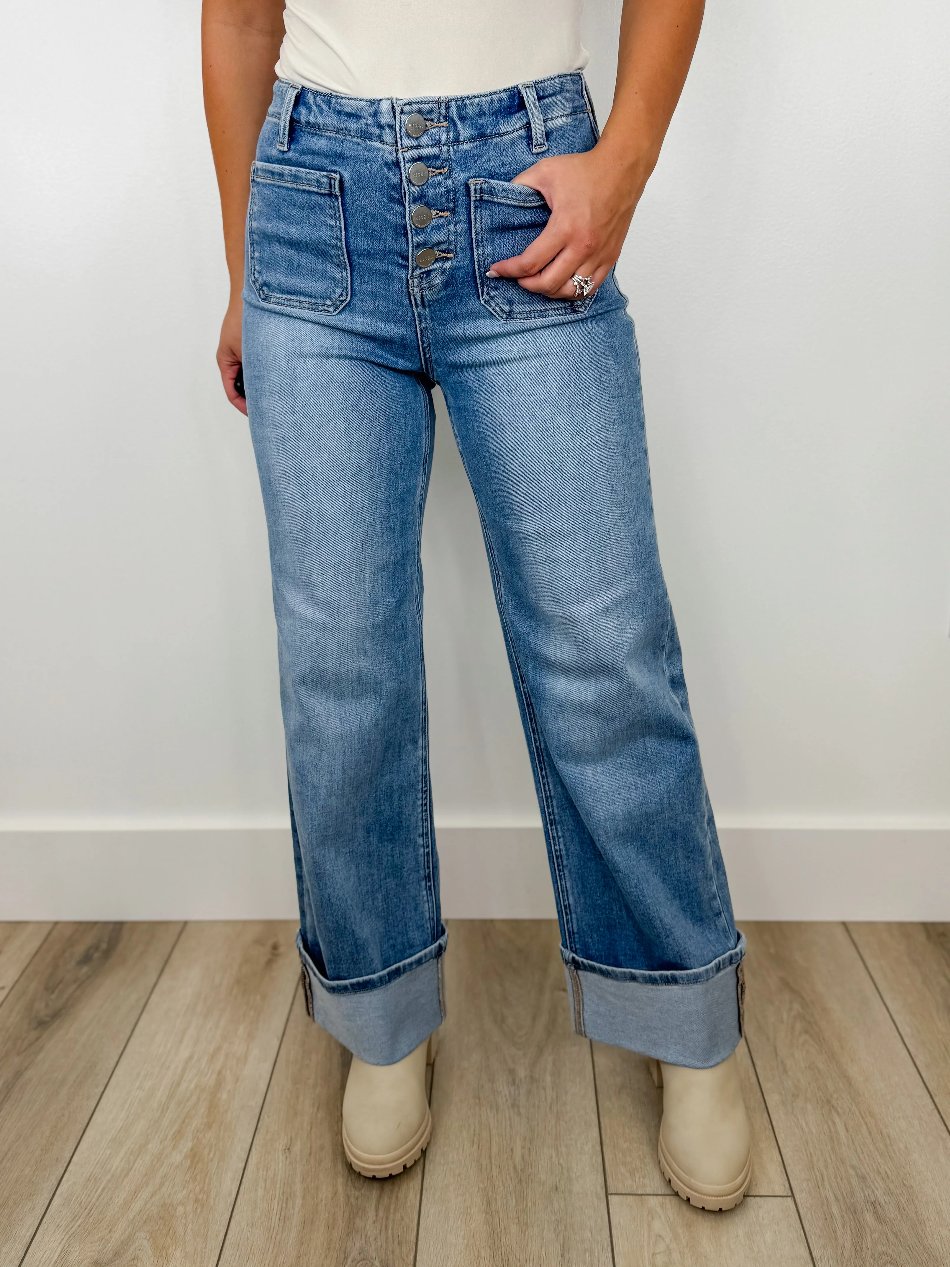 Risen Nova High-Rise Button Fly Wide Leg Medium Wash Blue Jeans
