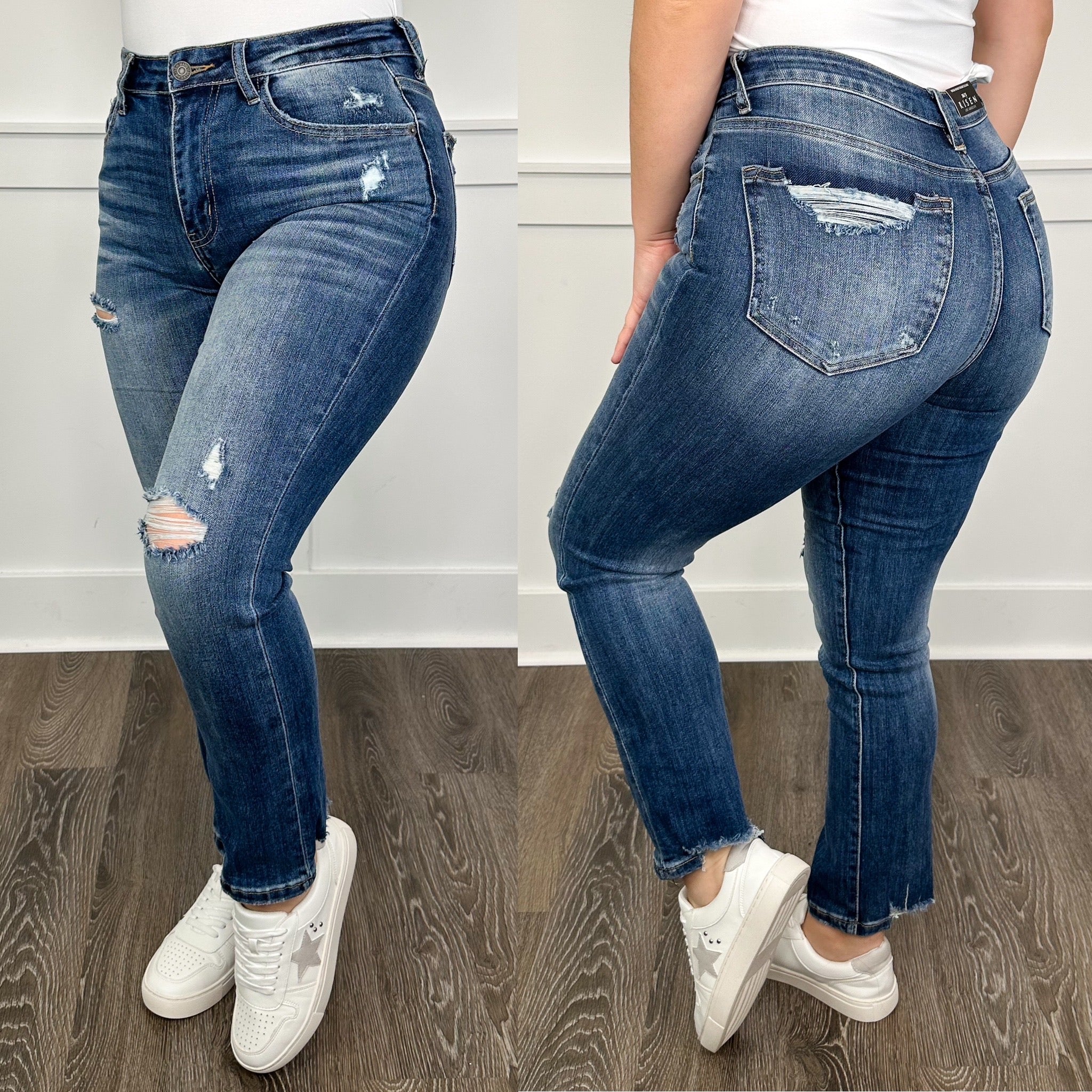 Risen Raegan Distressed High-Rise Straight Leg Vintage Dark Wash Blue Jeans - Image 4