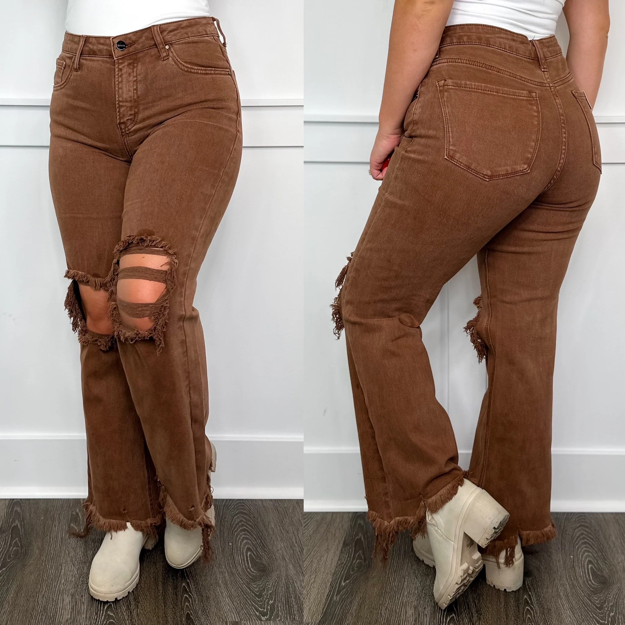 Risen Sabrina Distressed High-Rise Straight Leg Crop Espresso Jeans