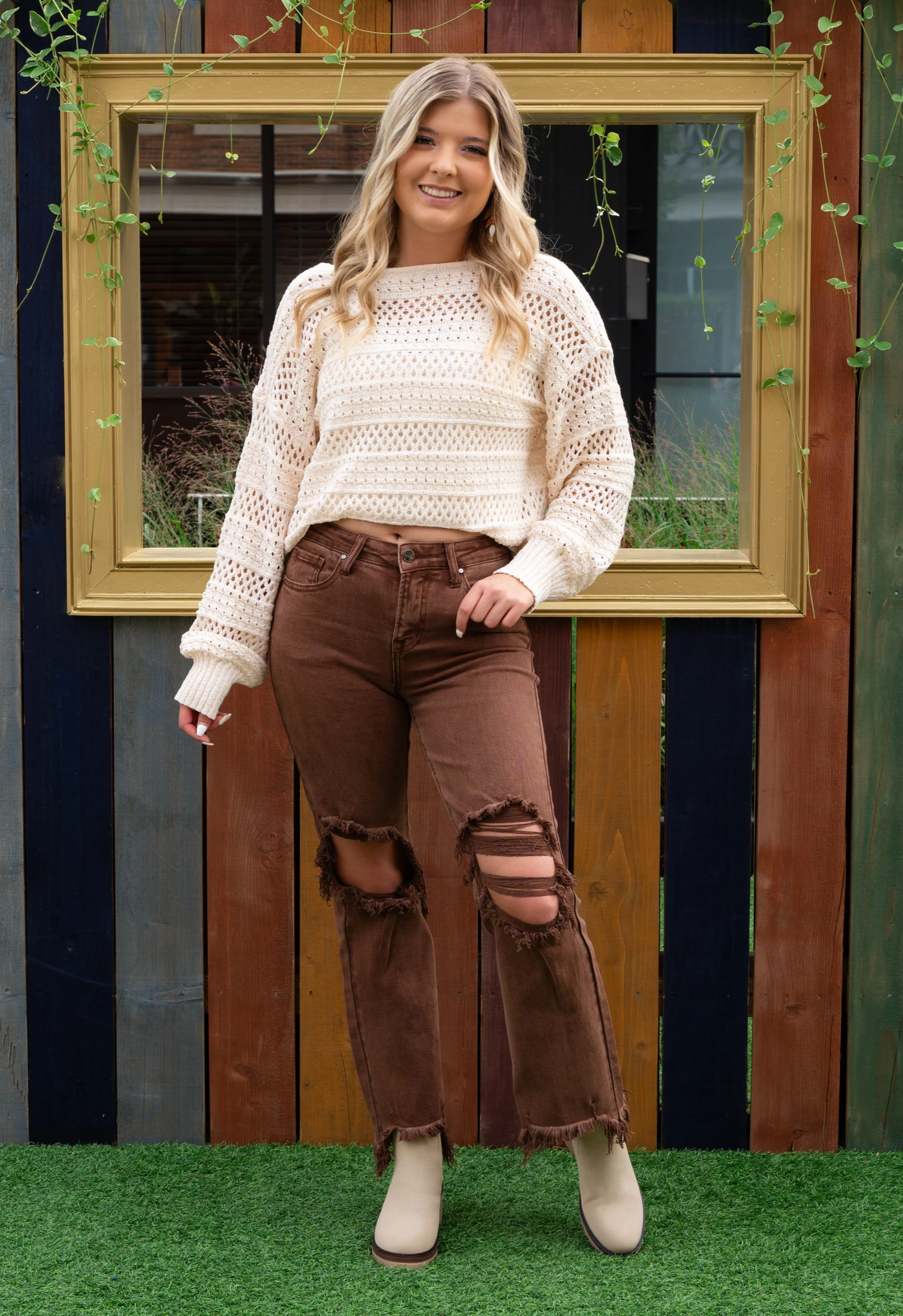 Risen Sabrina Distressed High-Rise Straight Leg Crop Espresso Jeans - Image 5