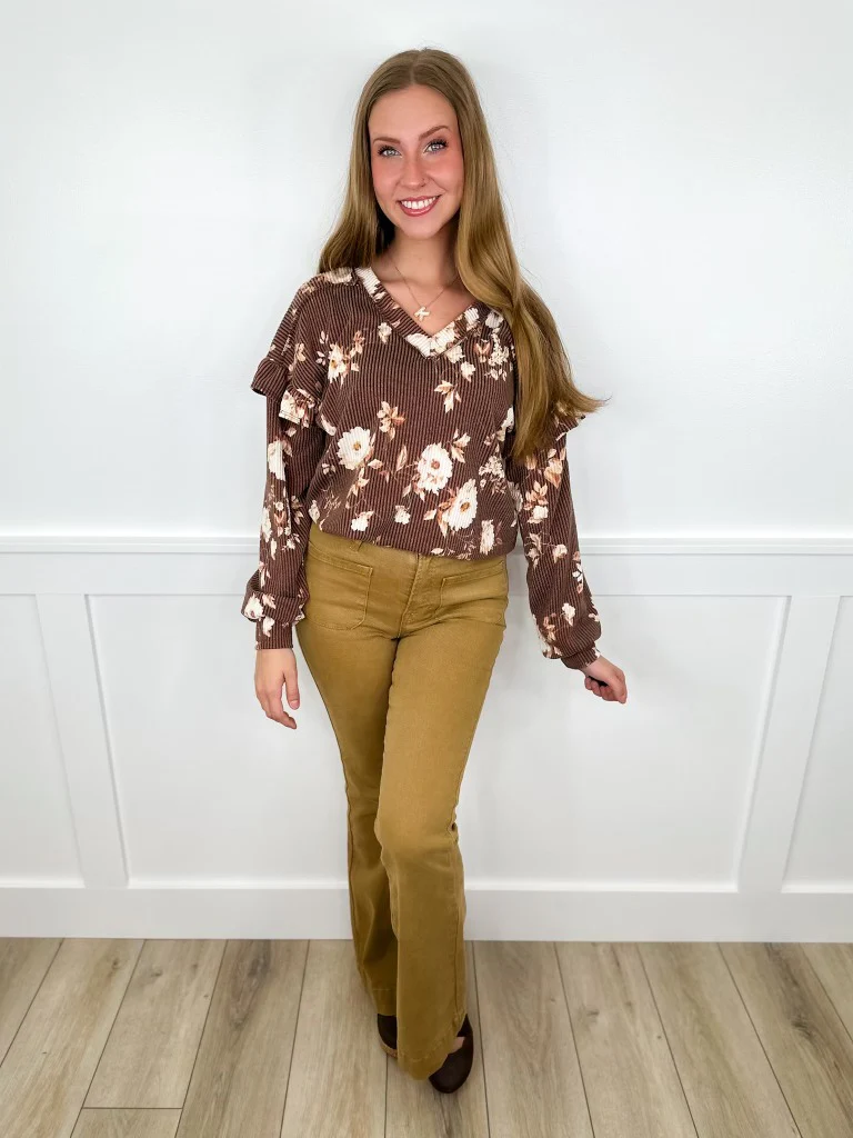Ruffled Up Ribbed Long Sleeve Brown Avery Mae Tunic Top - Image 3
