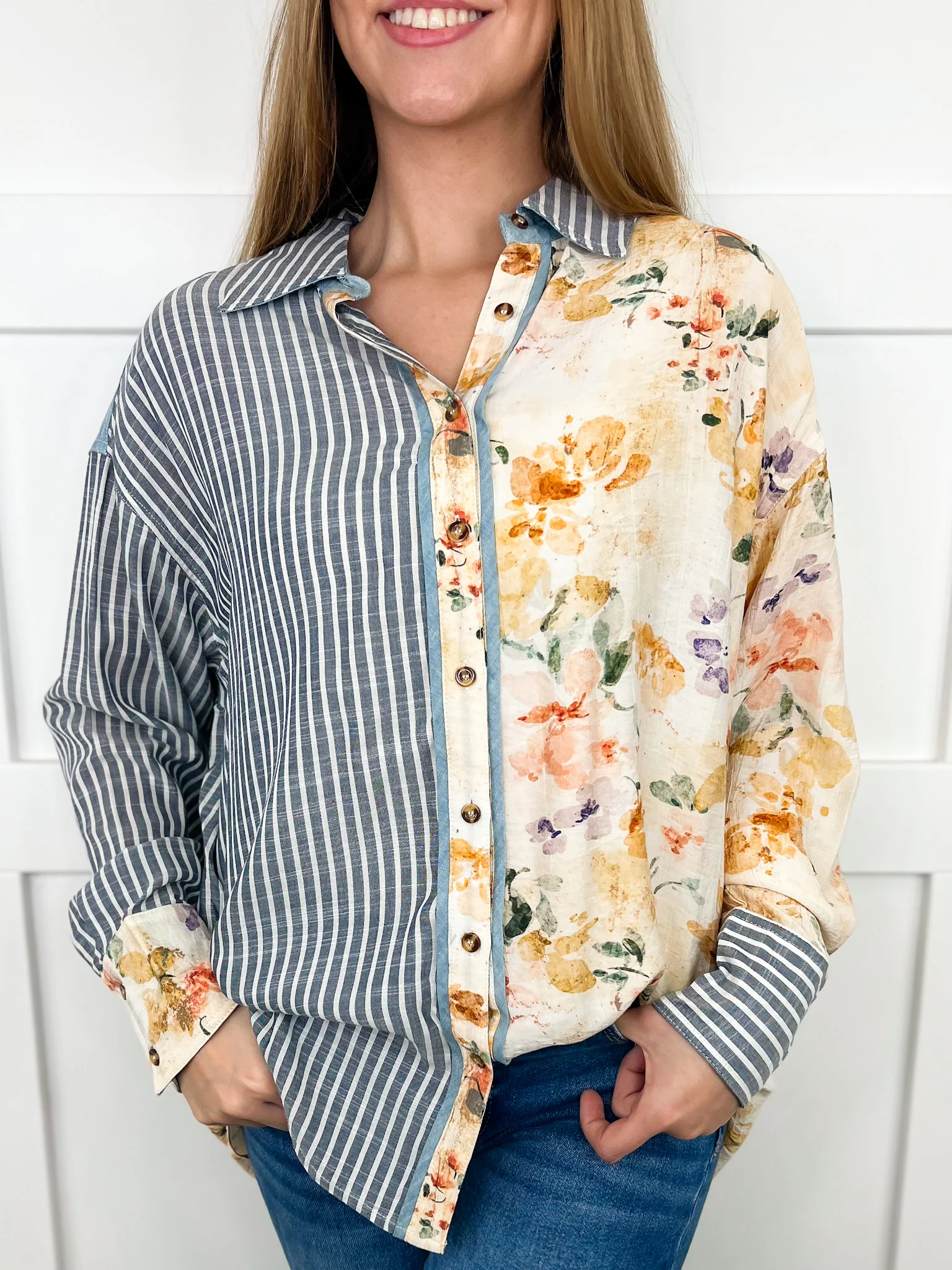 Sew In Love Something About Ya Cotton Blend Long Sleeve Denim Button Up Top