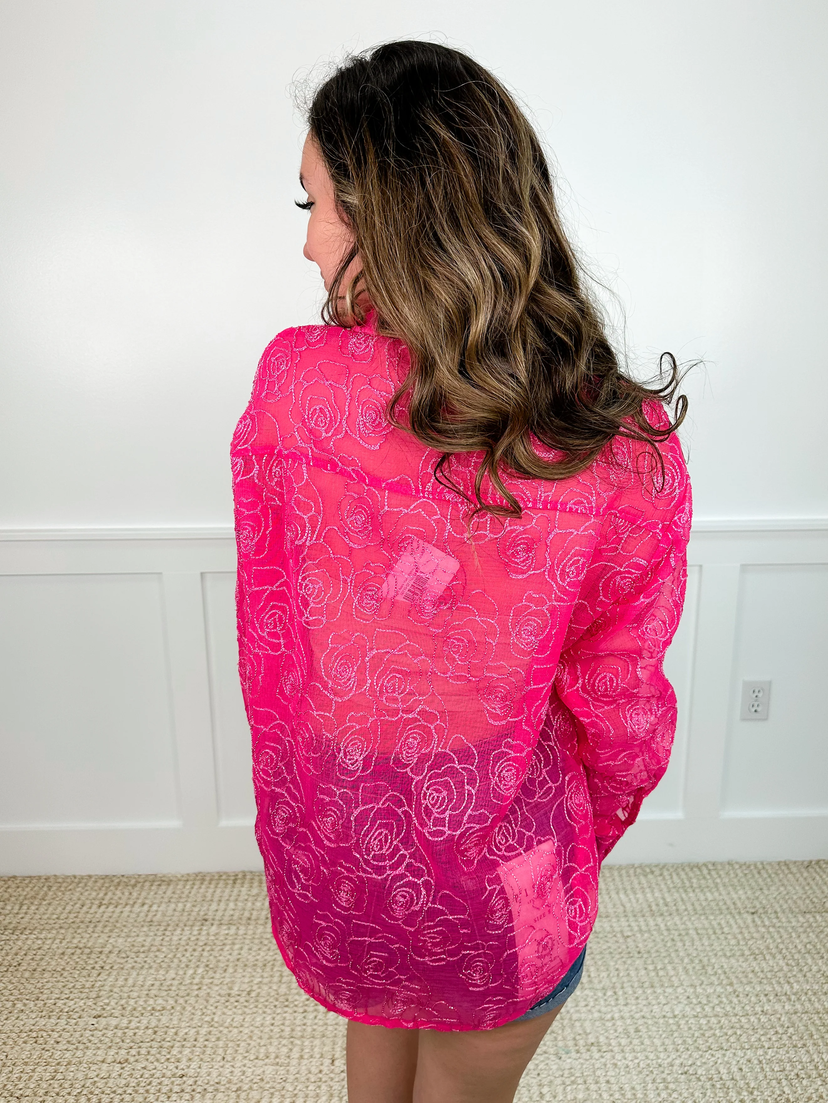 Sew In Love Feeling Floral Long Sleeve Pink Button Up Top - Image 2