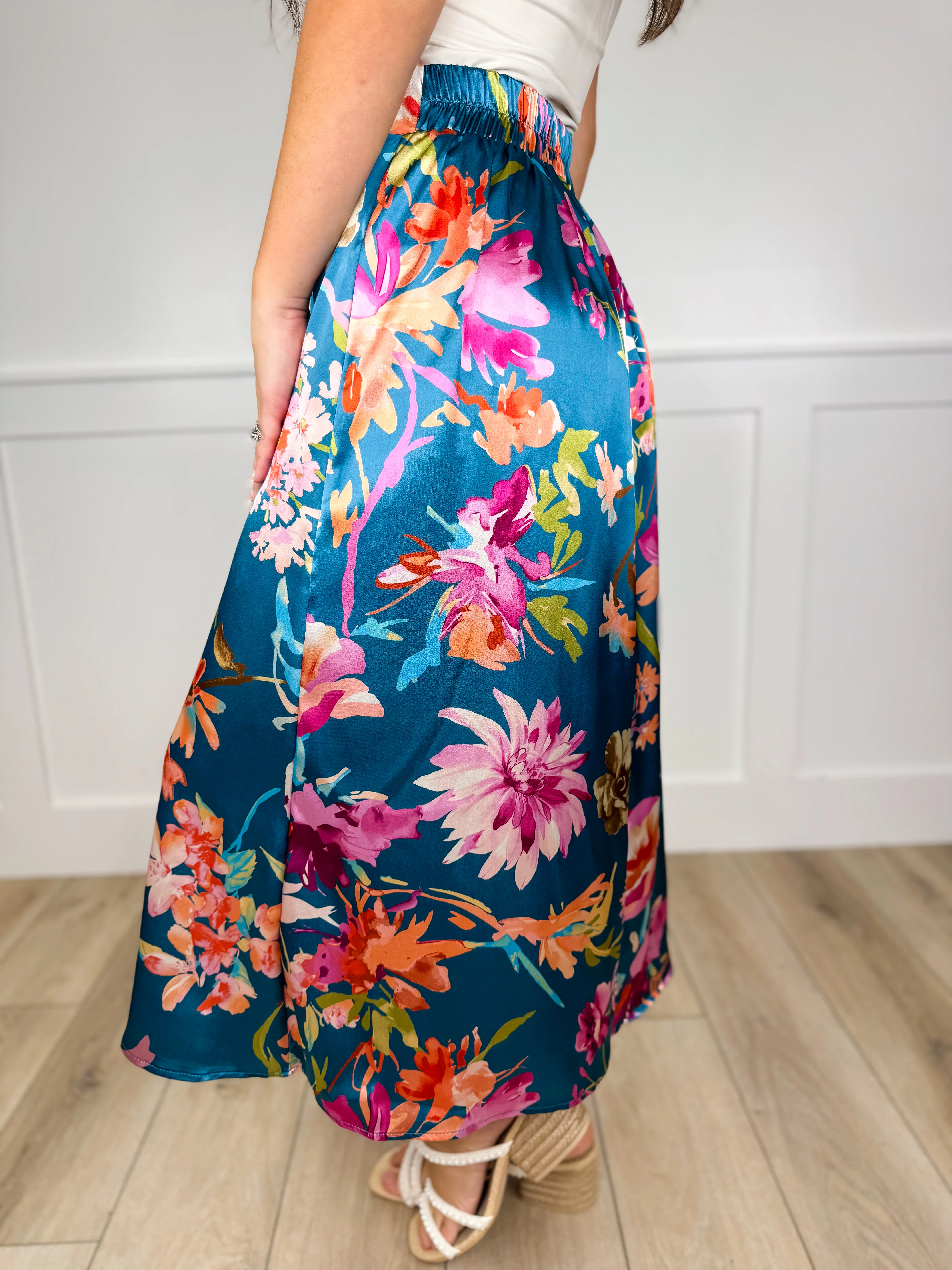 Sew In Love Pretty in Petals Satin Teal Blue Skirt - Image 2