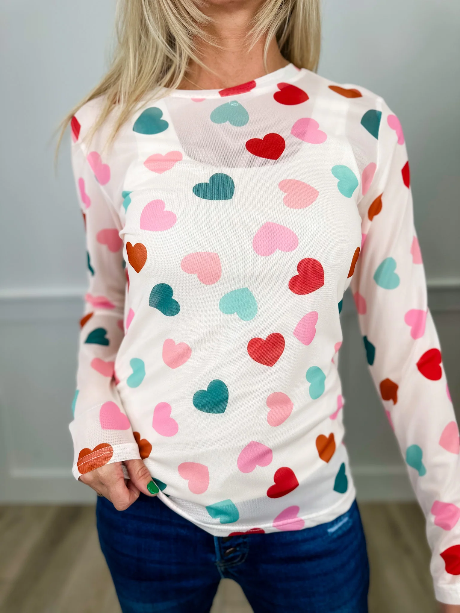 Shirley & Stone Love Struck Sheer Mesh Long Sleeve Cream Top
