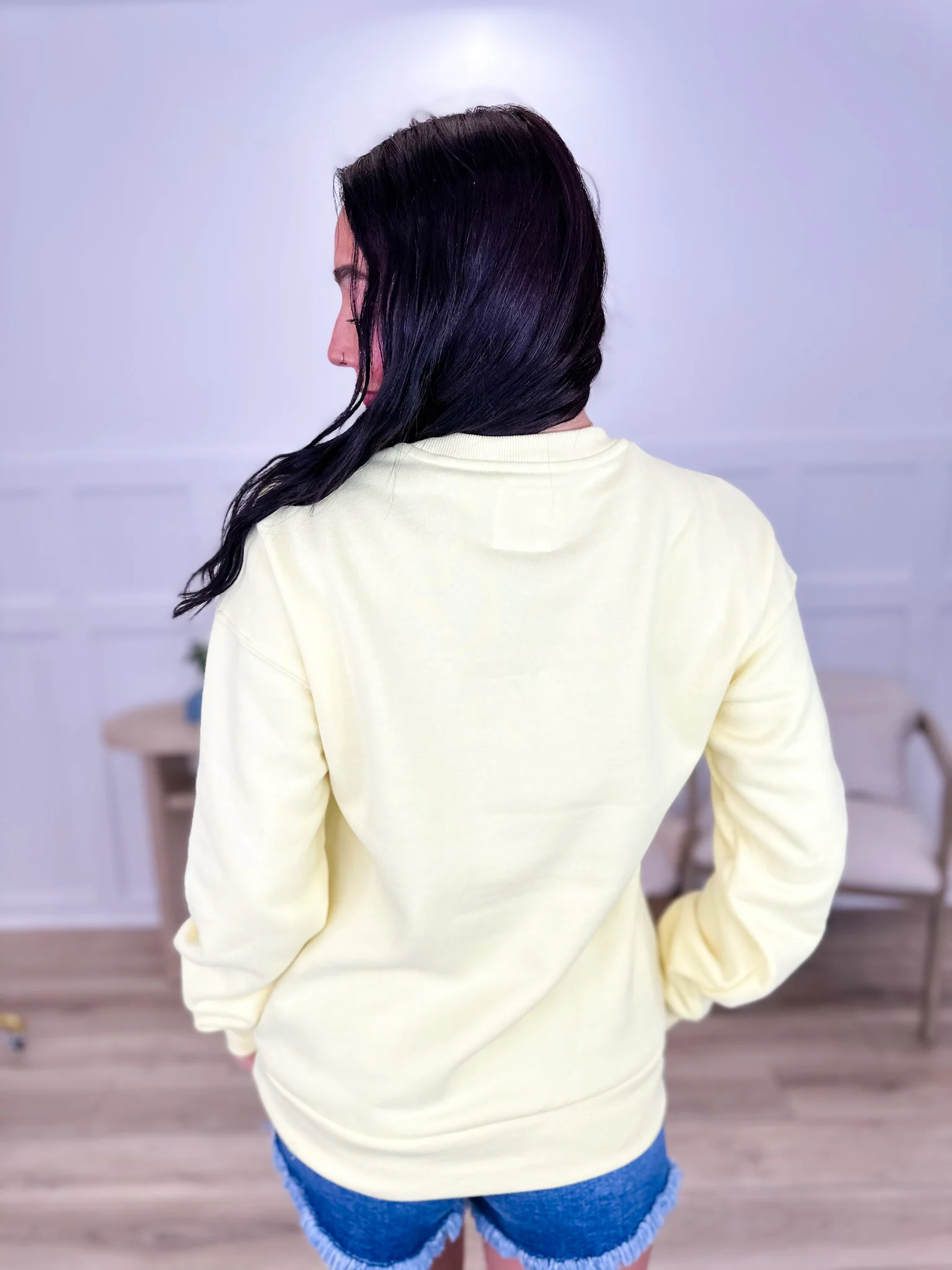 Showing You How Cotton Blend Long Sleeve Yellow Avery Mae Crewneck Sweatshirt - Image 2