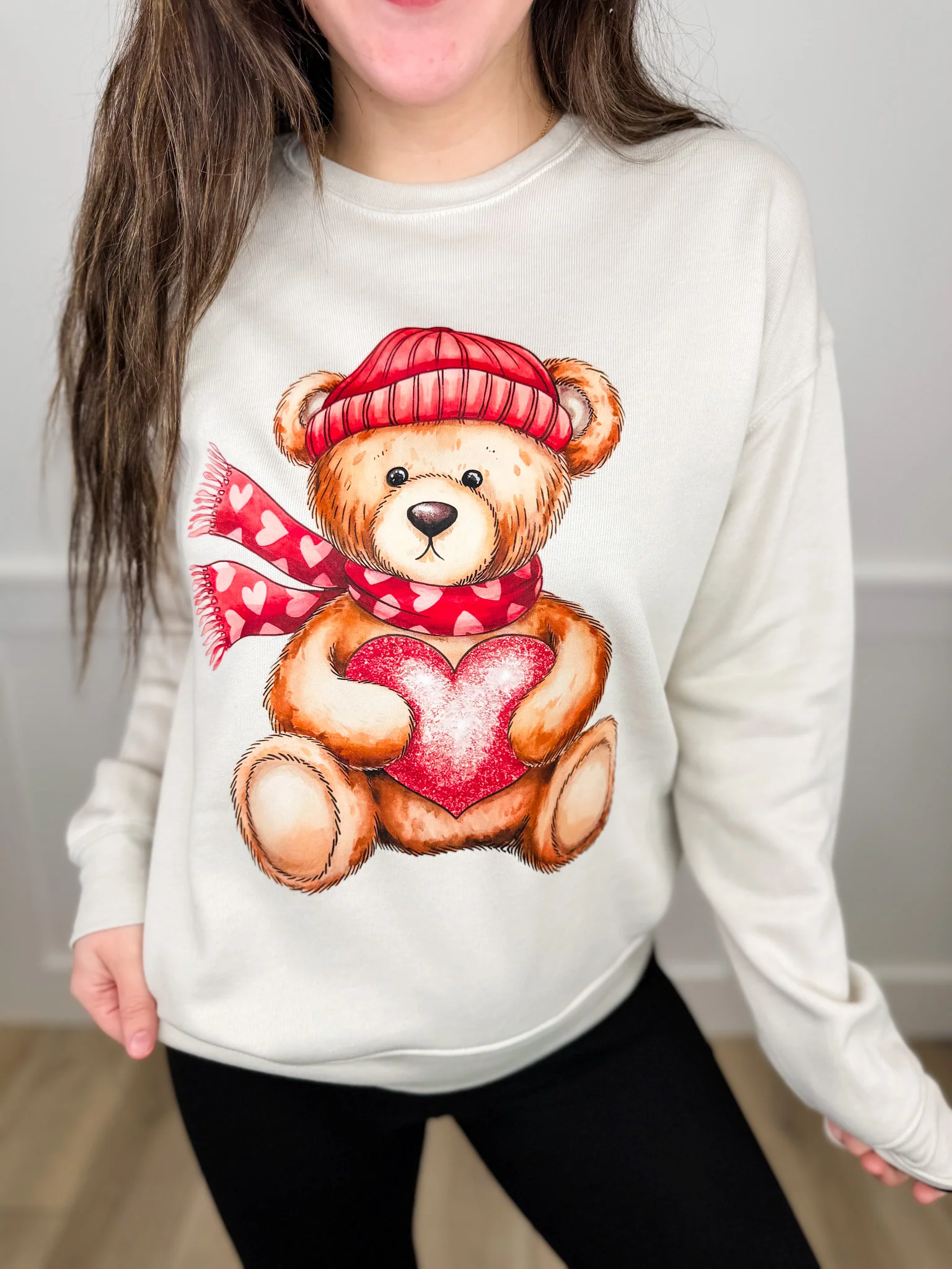 So Beary Much Love Cotton Blend Long Sleeve Oat Avery Mae Graphic Crewneck Sweatshirt (Bella+Canvas)