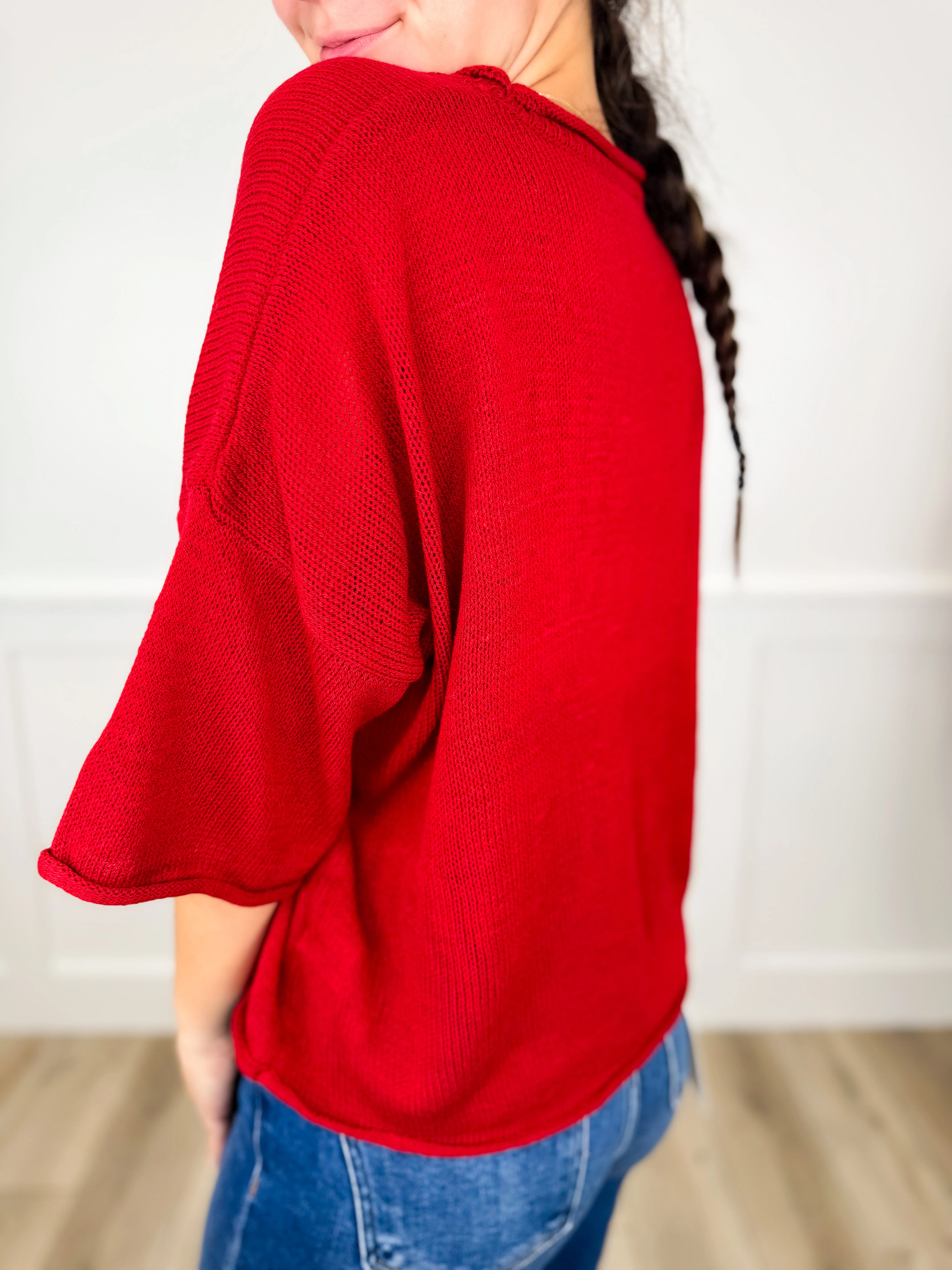 So Uncomplicated Knit Short Sleeve Red Avery Mae Mom Cropped Top - Image 2
