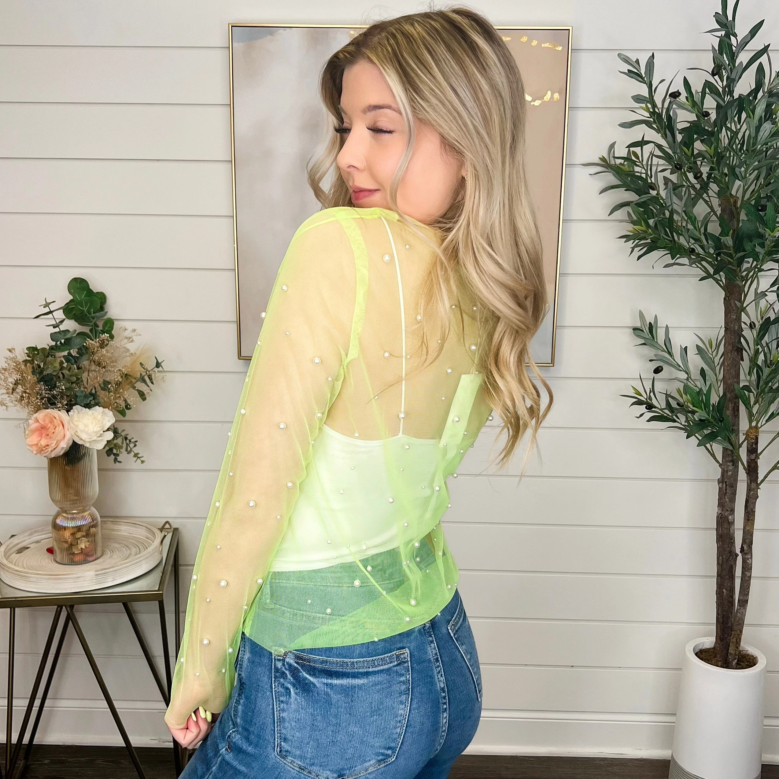 Spotlight on You Sheer Mesh Long Sleeve Lime Avery Mae Top - Image 2