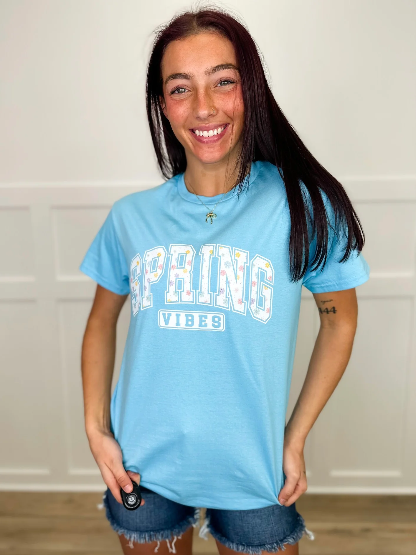 Spring Vibes are Happening Cotton Short Sleeve Blue Avery Mae Graphic Tee Shirt (Gildan)