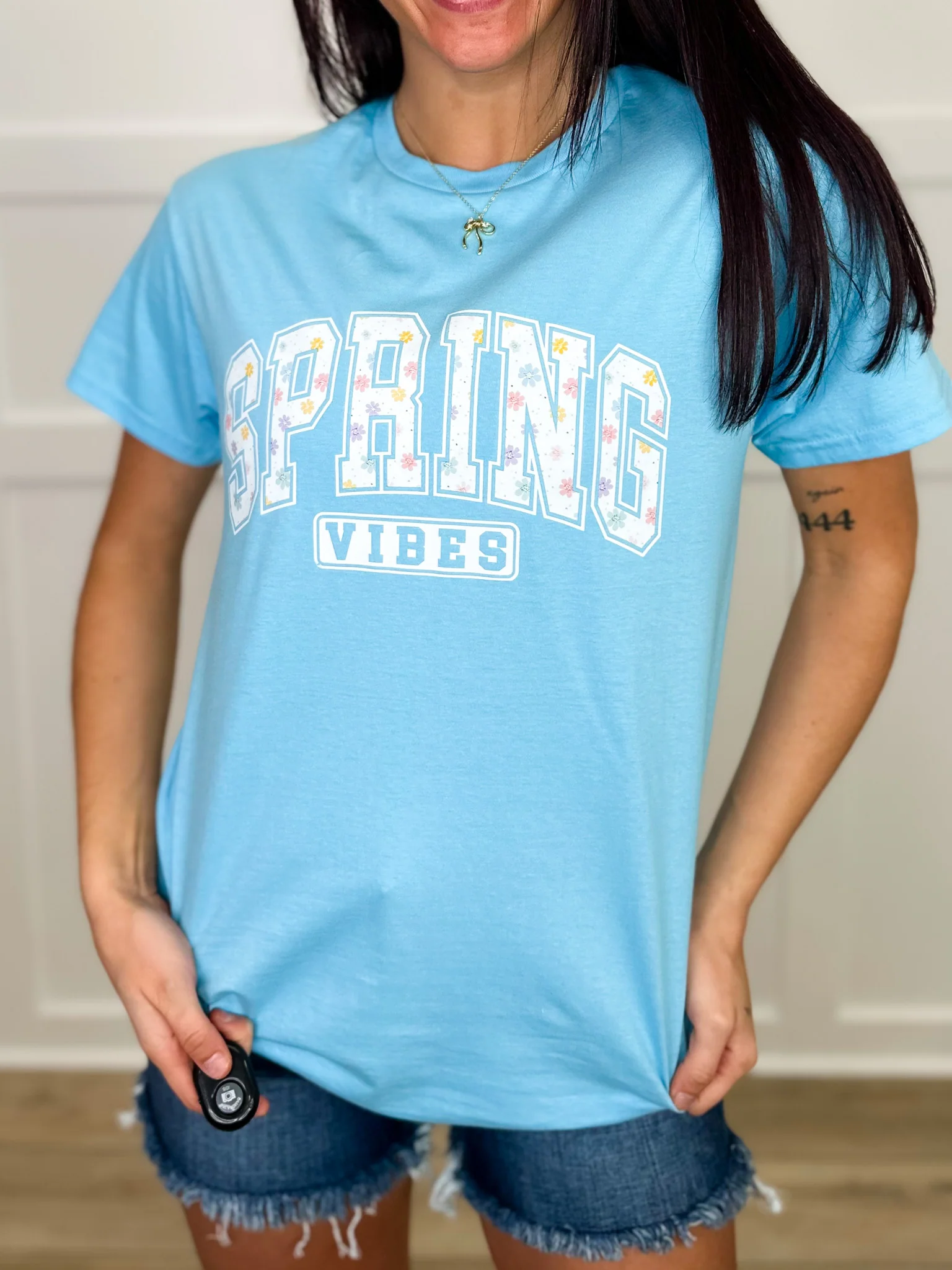 Spring Vibes are Happening Cotton Short Sleeve Blue Avery Mae Graphic Tee Shirt (Gildan) - Image 2