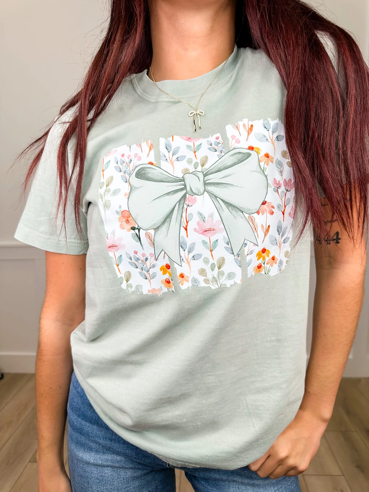 Springtime Serenity Cotton Short Sleeve Green Avery Mae Graphic Tee Shirt (Comfort Colors)