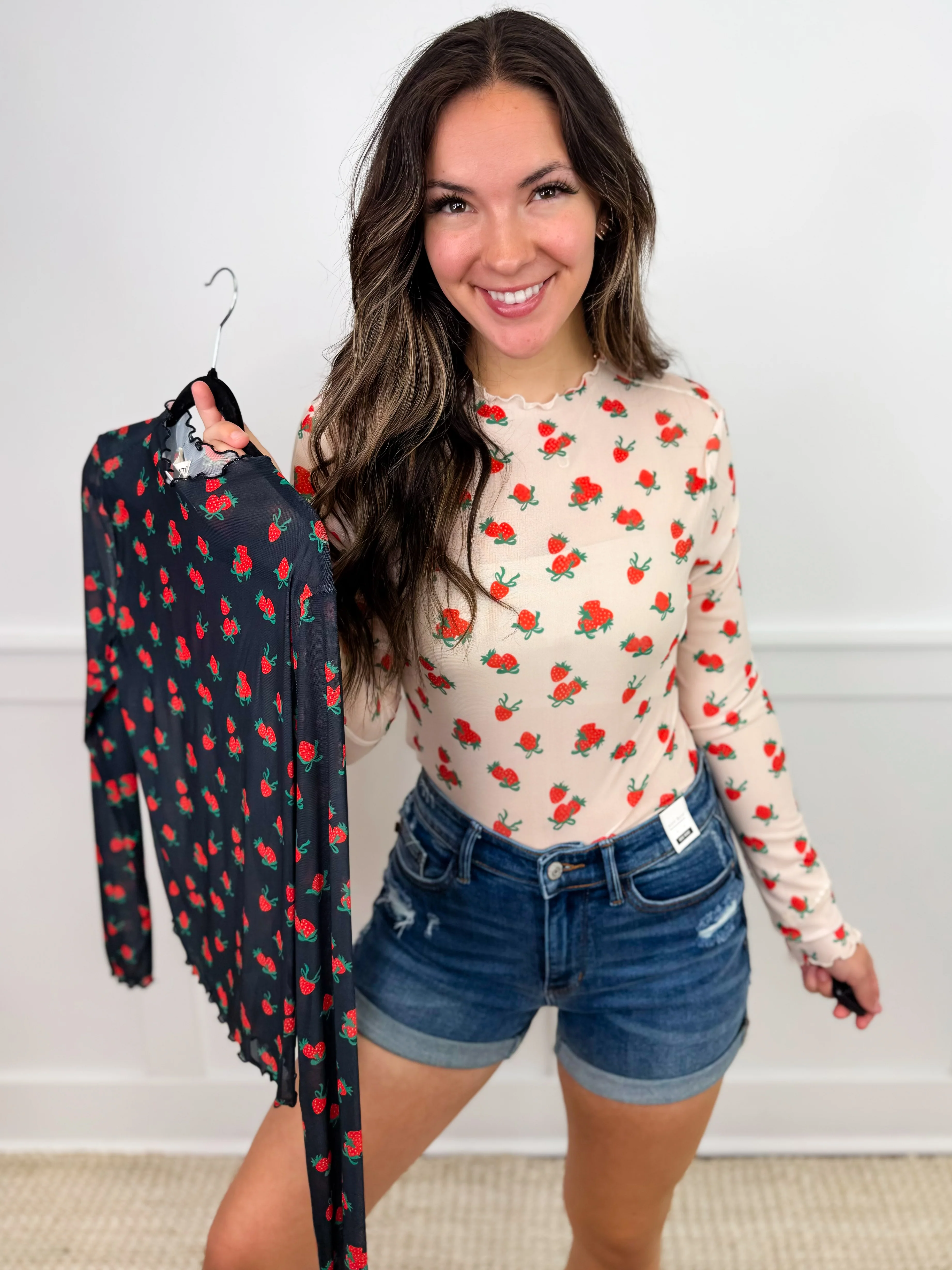 Strawberries & Bows Sheer Mesh Long Sleeve Avery Mae Top