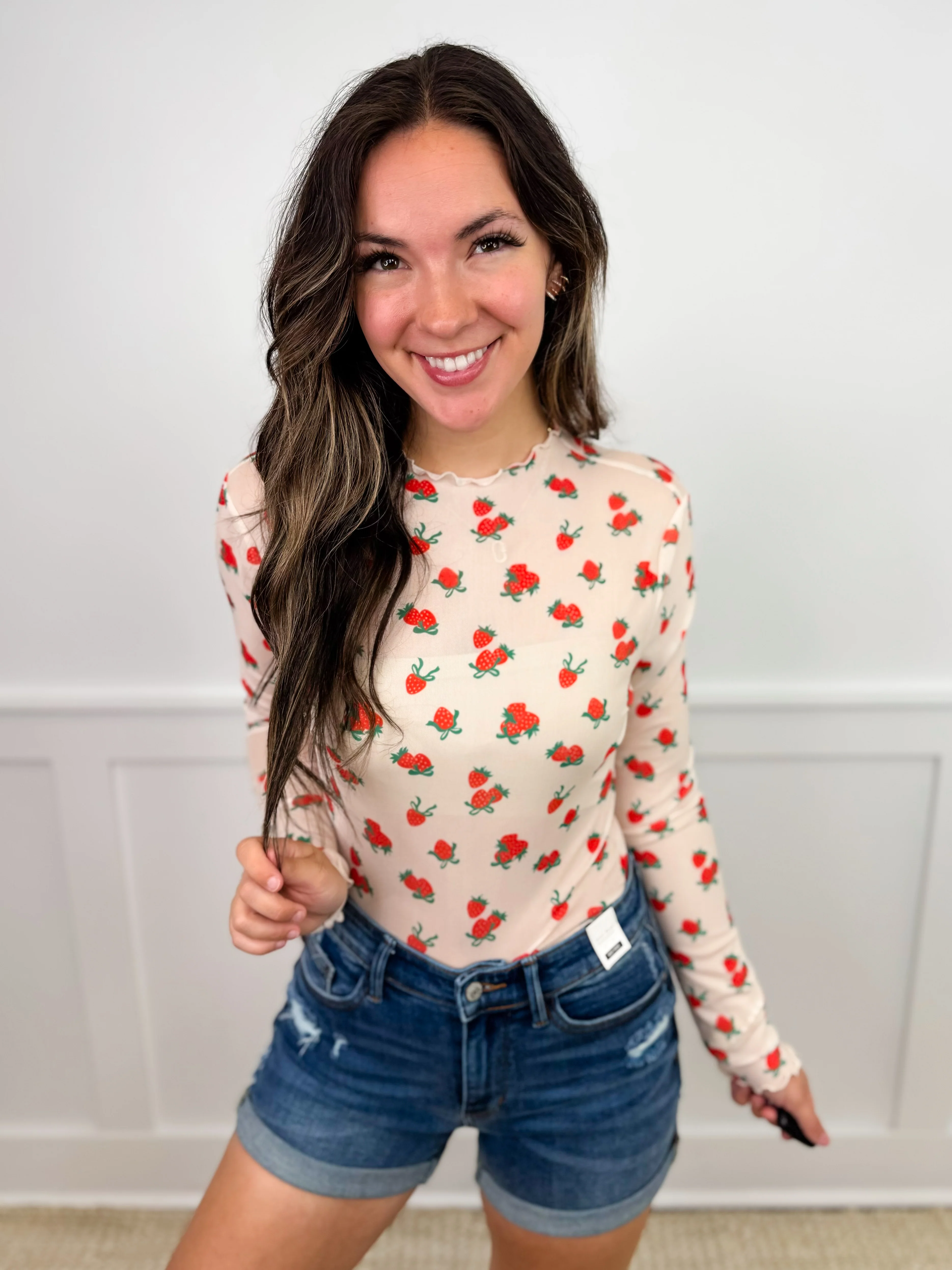 Strawberries & Bows Sheer Mesh Long Sleeve Avery Mae Top - Image 2