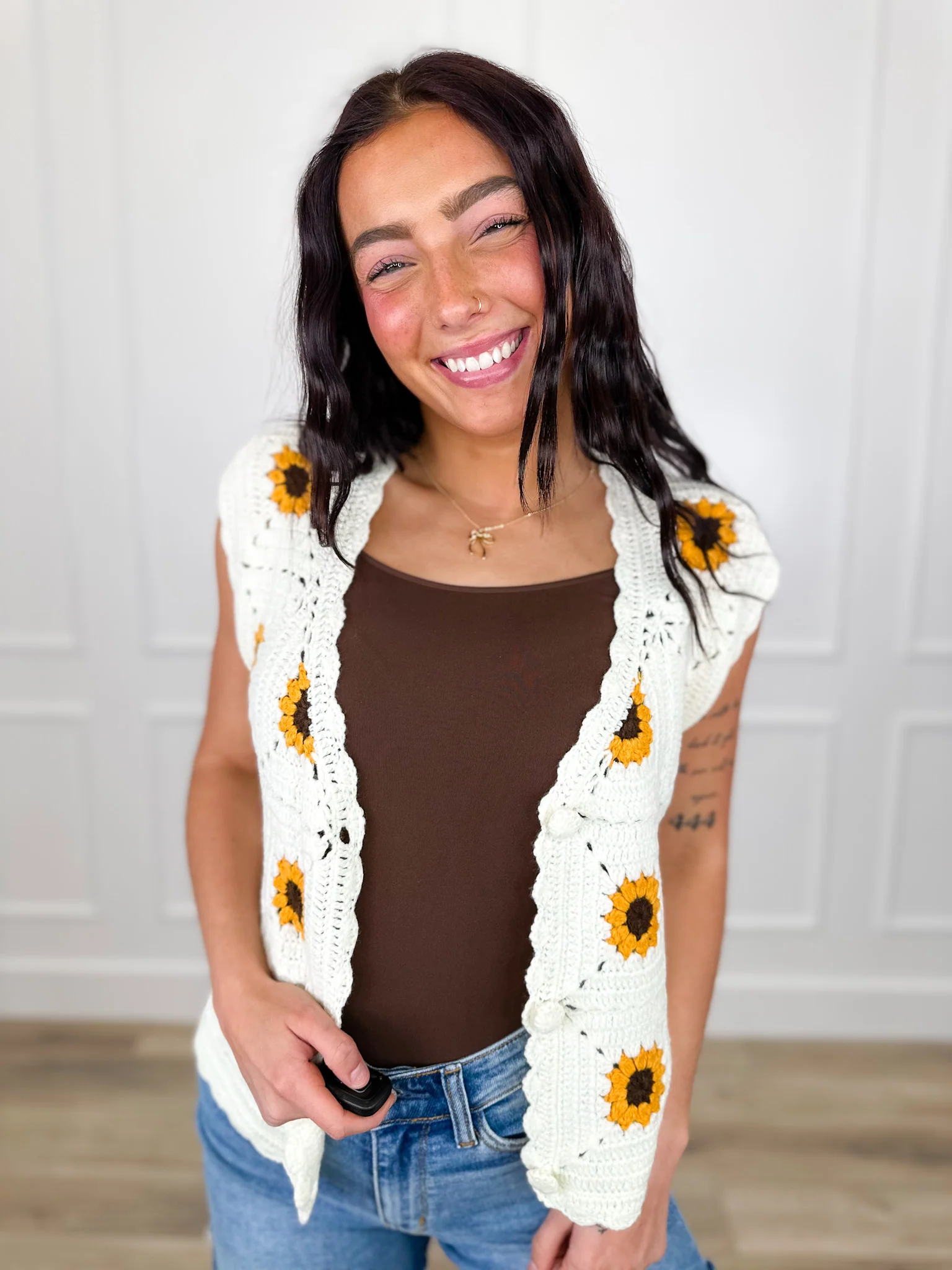 Sunflower Feelings Crochet Cream Avery Mae Button Up Top