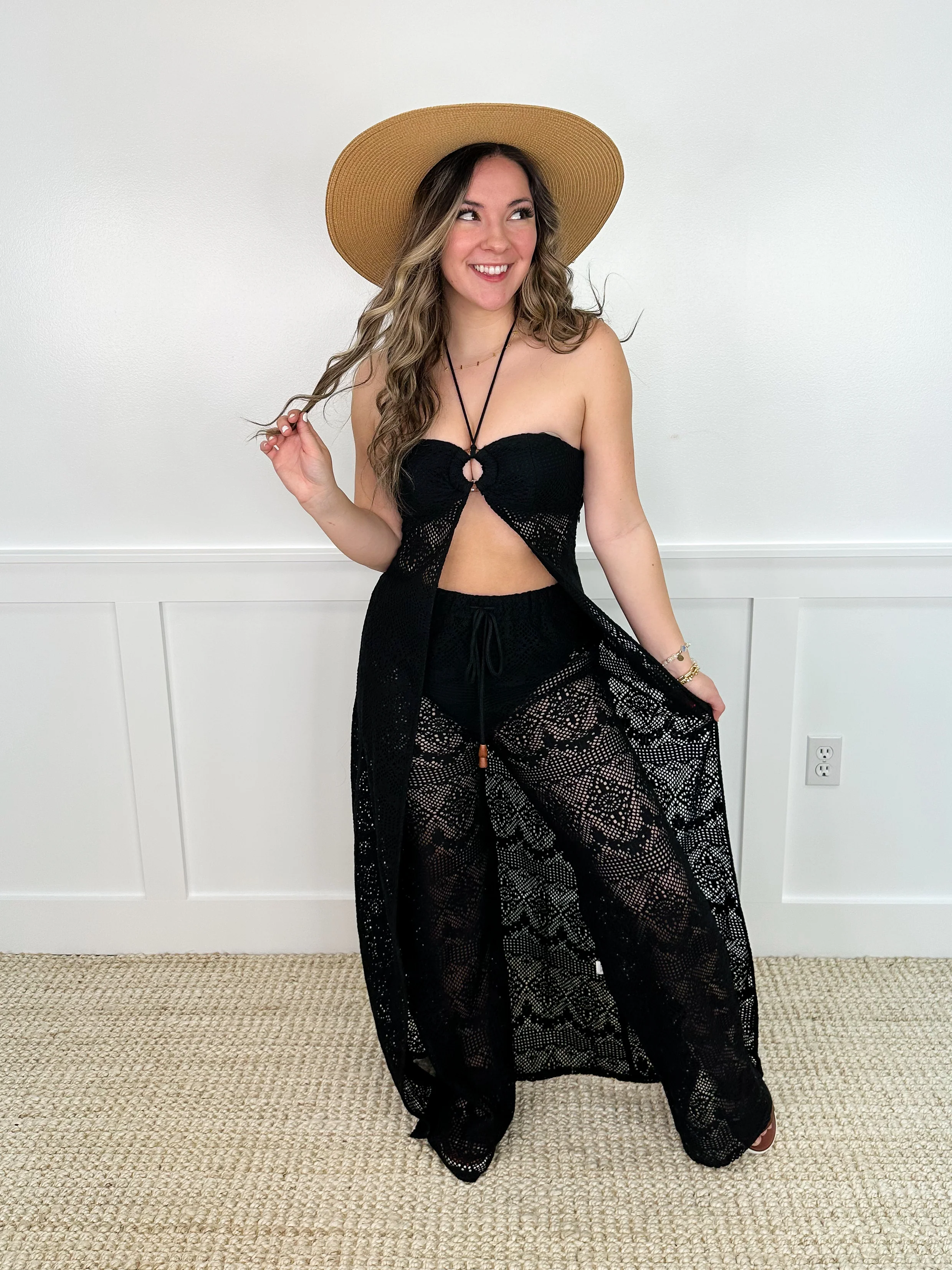 Sunny Beach Day Cotton High-Rise Straight Leg Black Avery Mae Swim Cover Up Set