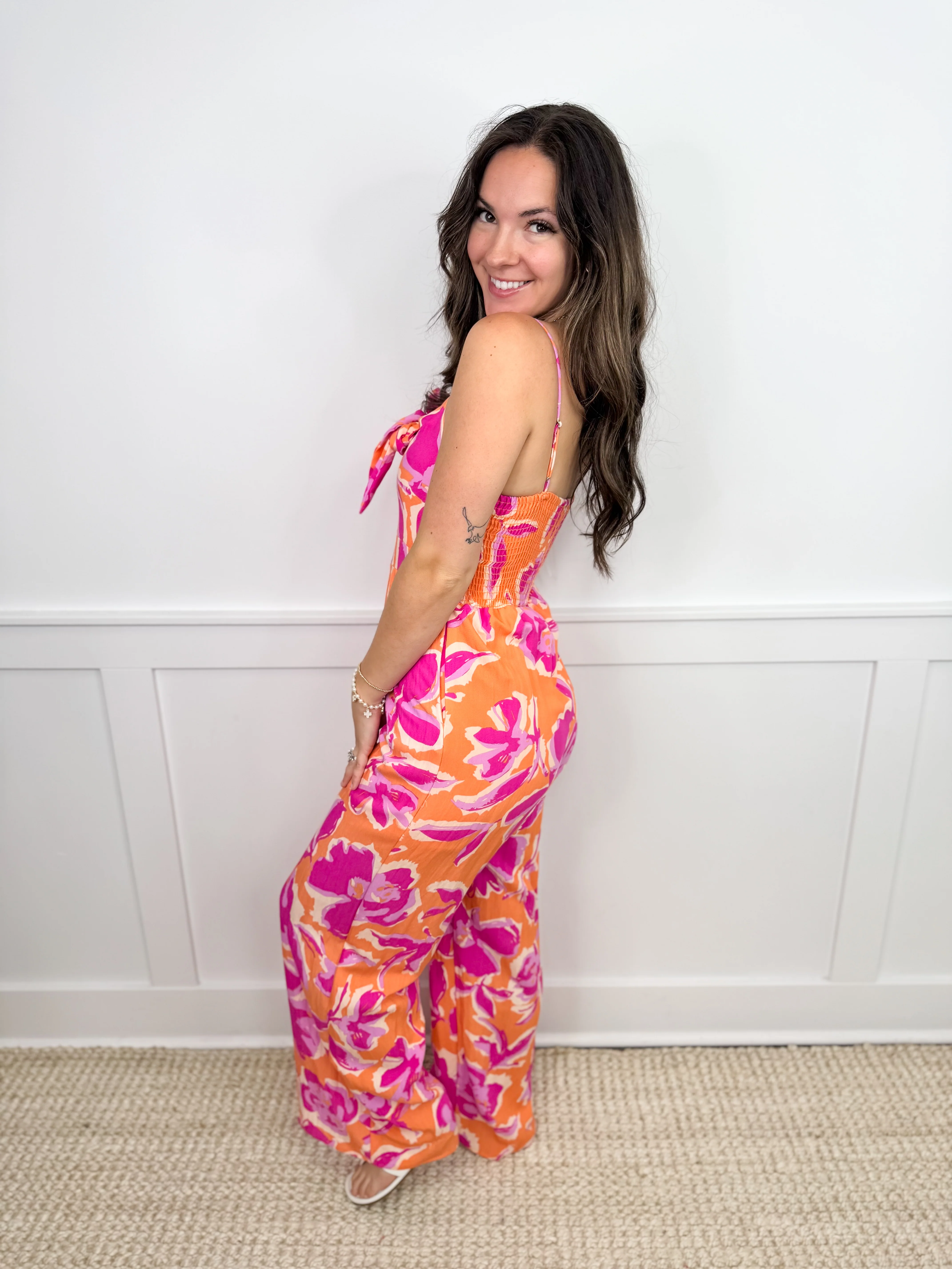 Sunset Bloom Rayon Blend Orange Avery Mae Jumpsuit - Image 2