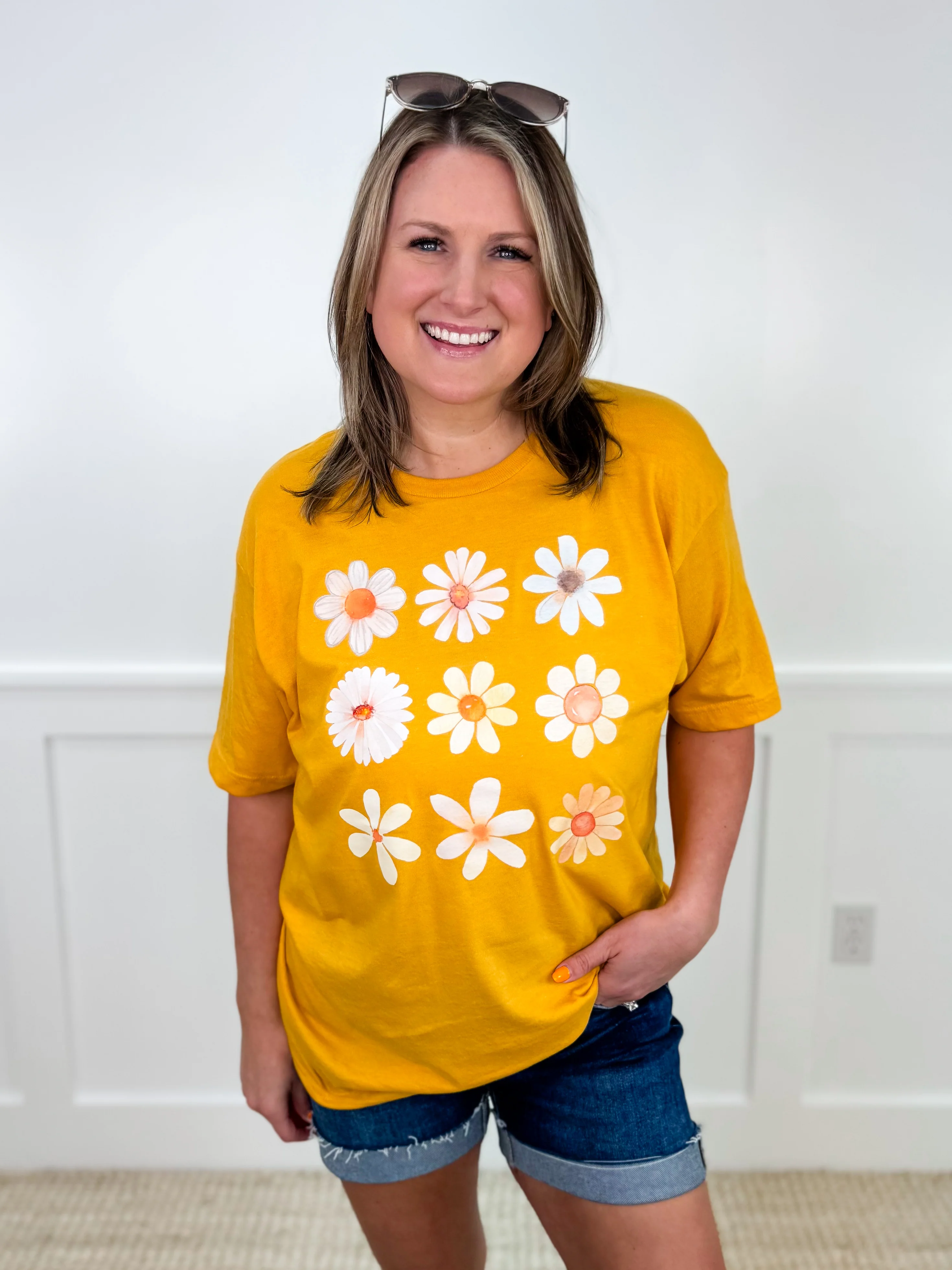 Sunshine Daisy Cotton Blend Short Sleeve Yellow Avery Mae Graphic Tee Shirt