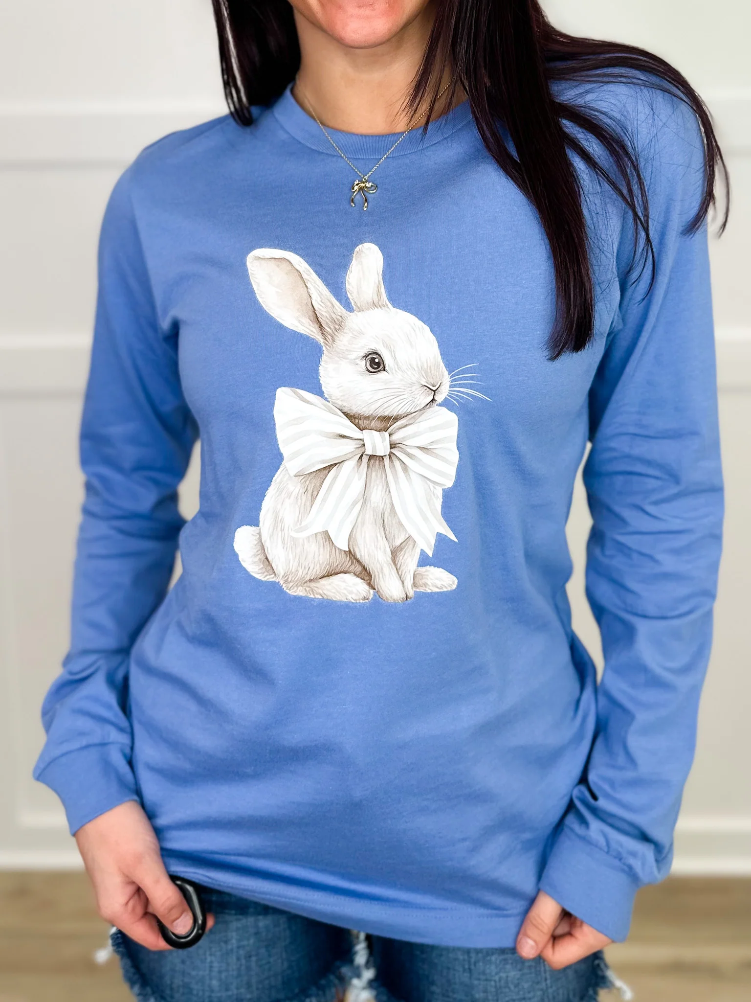 Sweet Bunny Cotton Long Sleeve Blue Avery Mae Graphic Tee Shirt (Bella+Canvas) - Image 2
