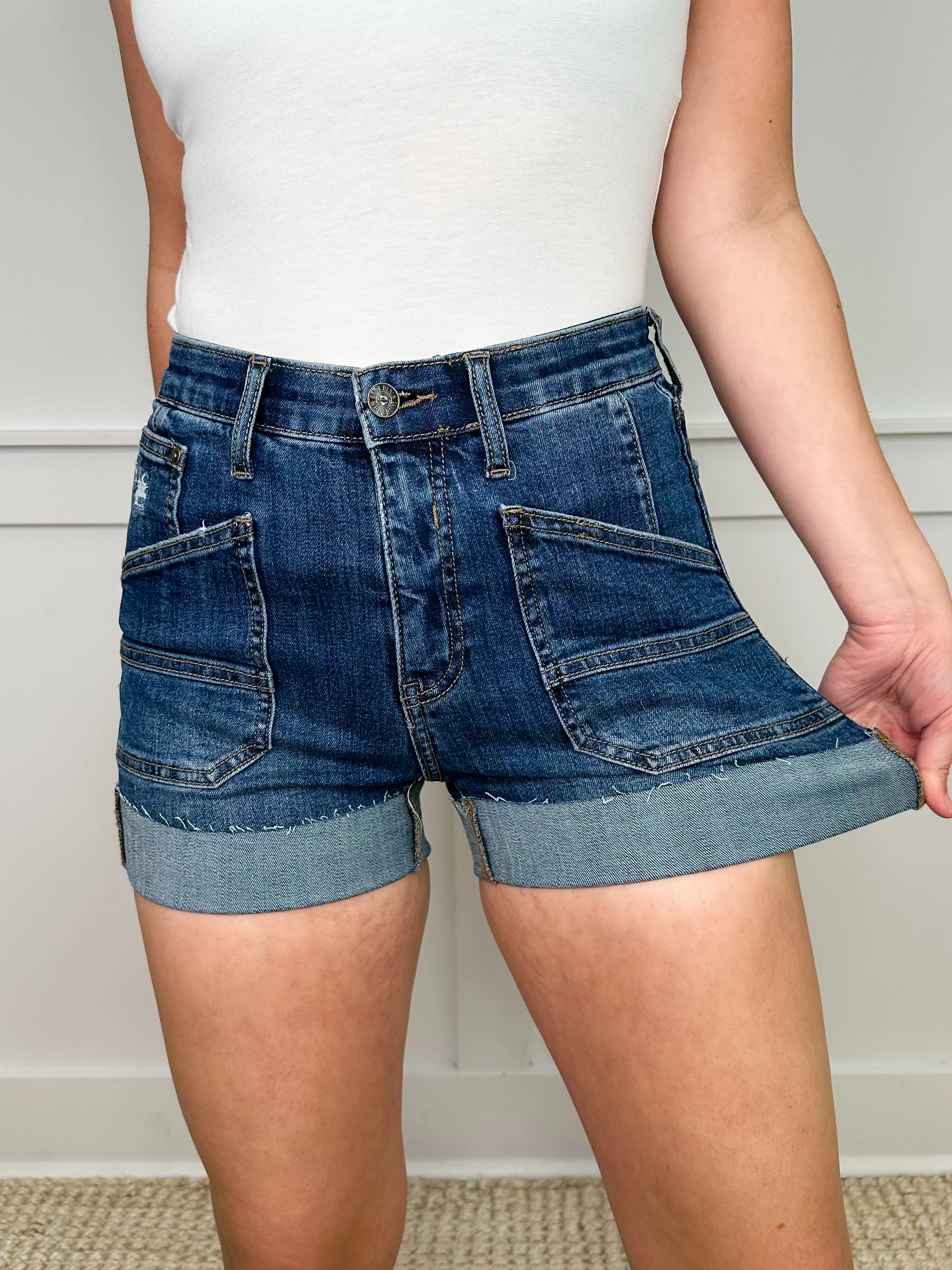 Saige Tara Tummy Control High-Rise Cuffed Dark Wash Blue Shorts - Image 2