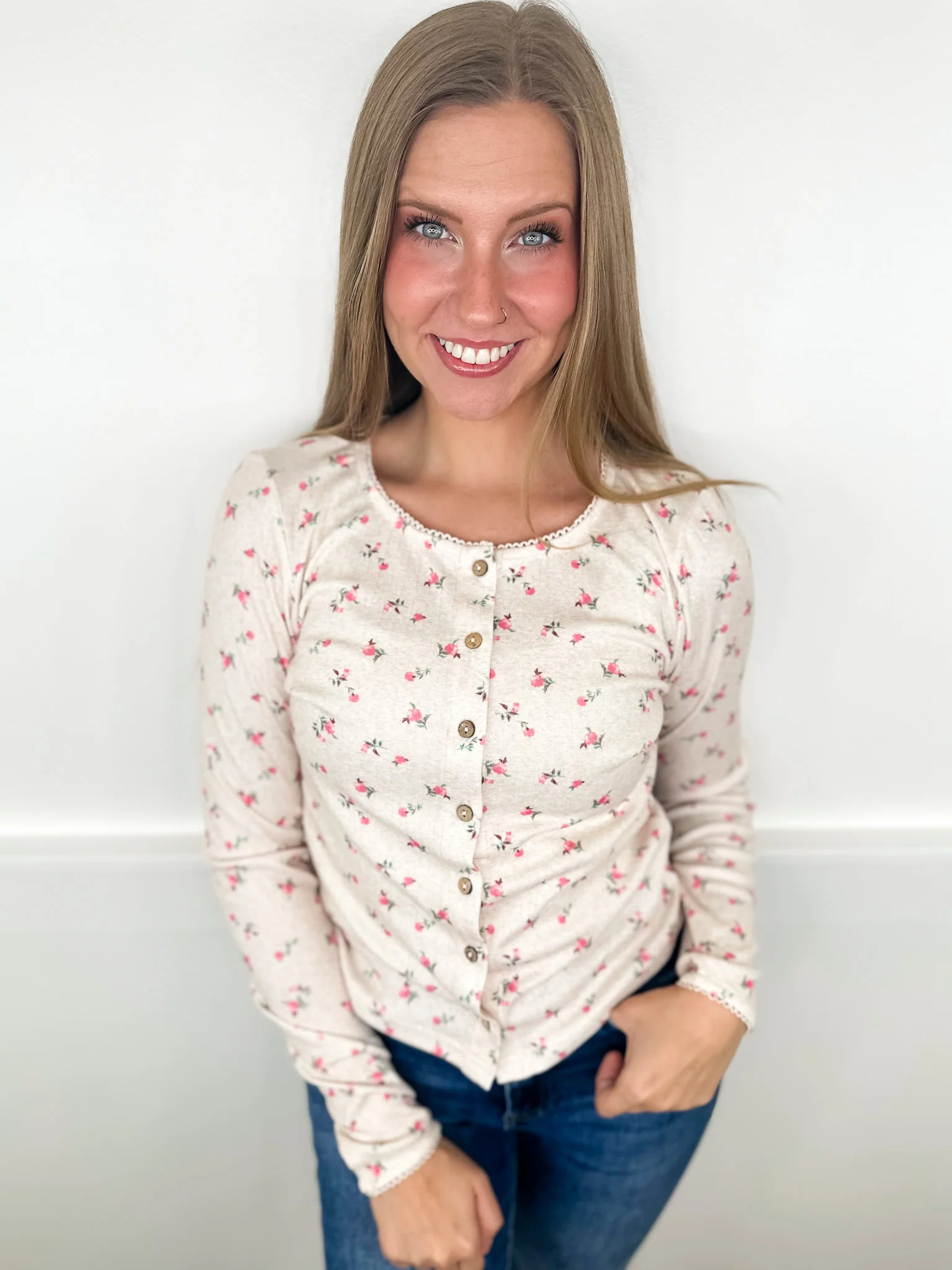 The First Date Long Sleeve Oatmeal Avery Mae Button Up Top