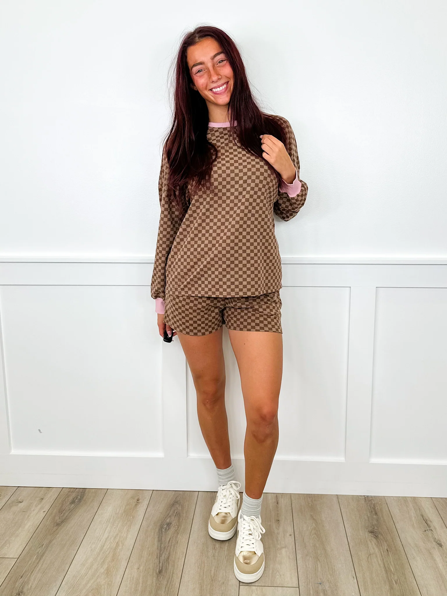 The Toasted Checkerboard Lightweight Mocha Brown Avery Mae Lounge Set - Image 3