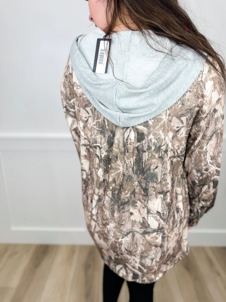 Till the End of Time Ribbed Long Sleeve Camo Print Avery Mae Hooded Shacket - Image 2