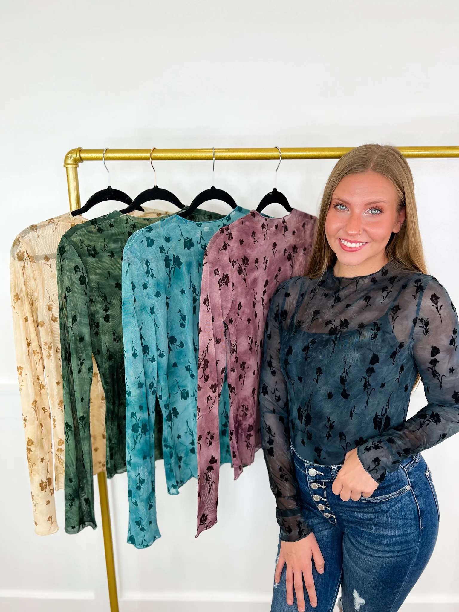 Velvet Touch Sheer Mesh Long Sleeve Avery Mae Top - 5 colors!