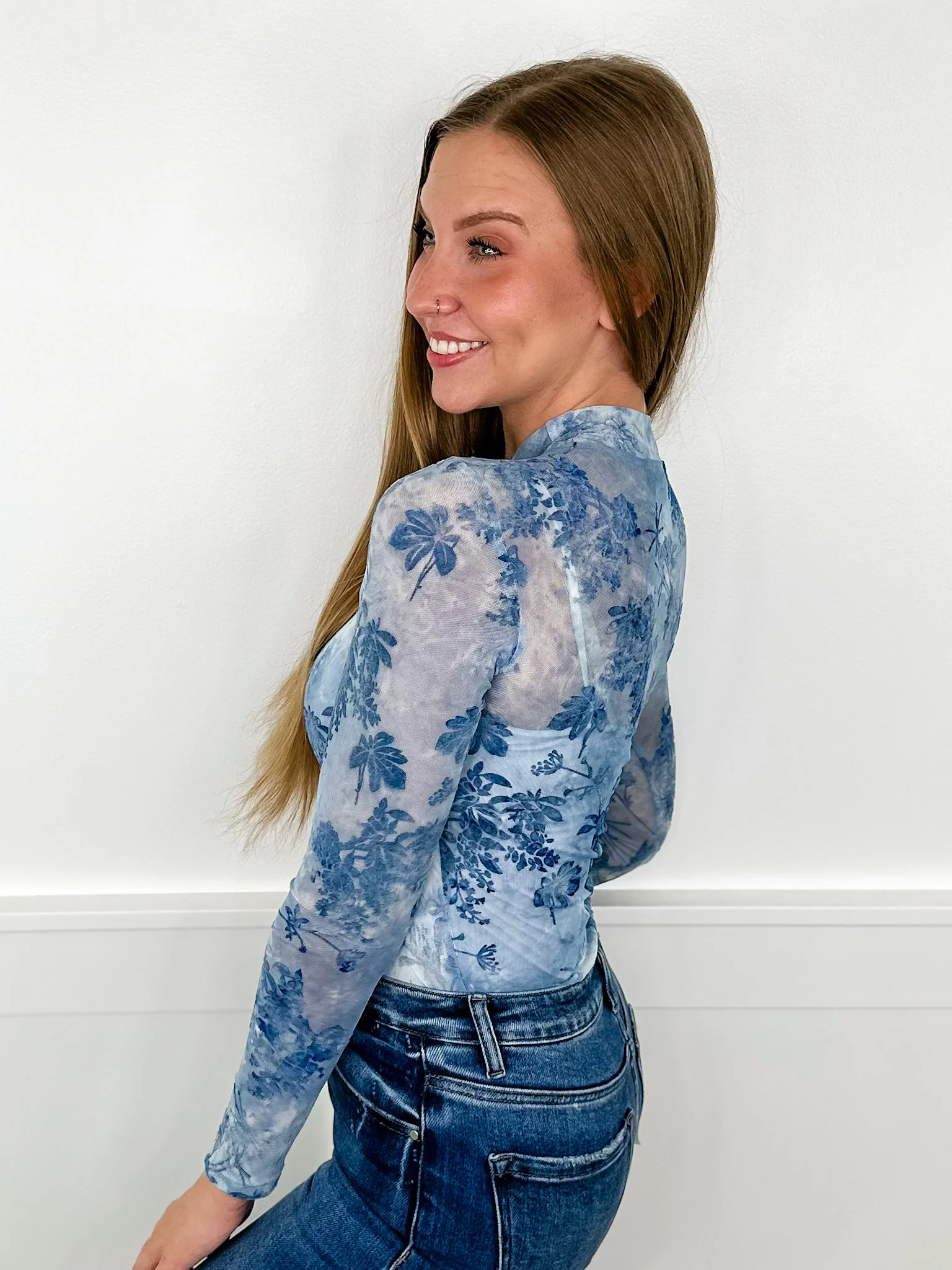 Velvet Vibes Sheer Mesh Long Sleeve Blue Avery Mae Bodysuit Top - Image 2