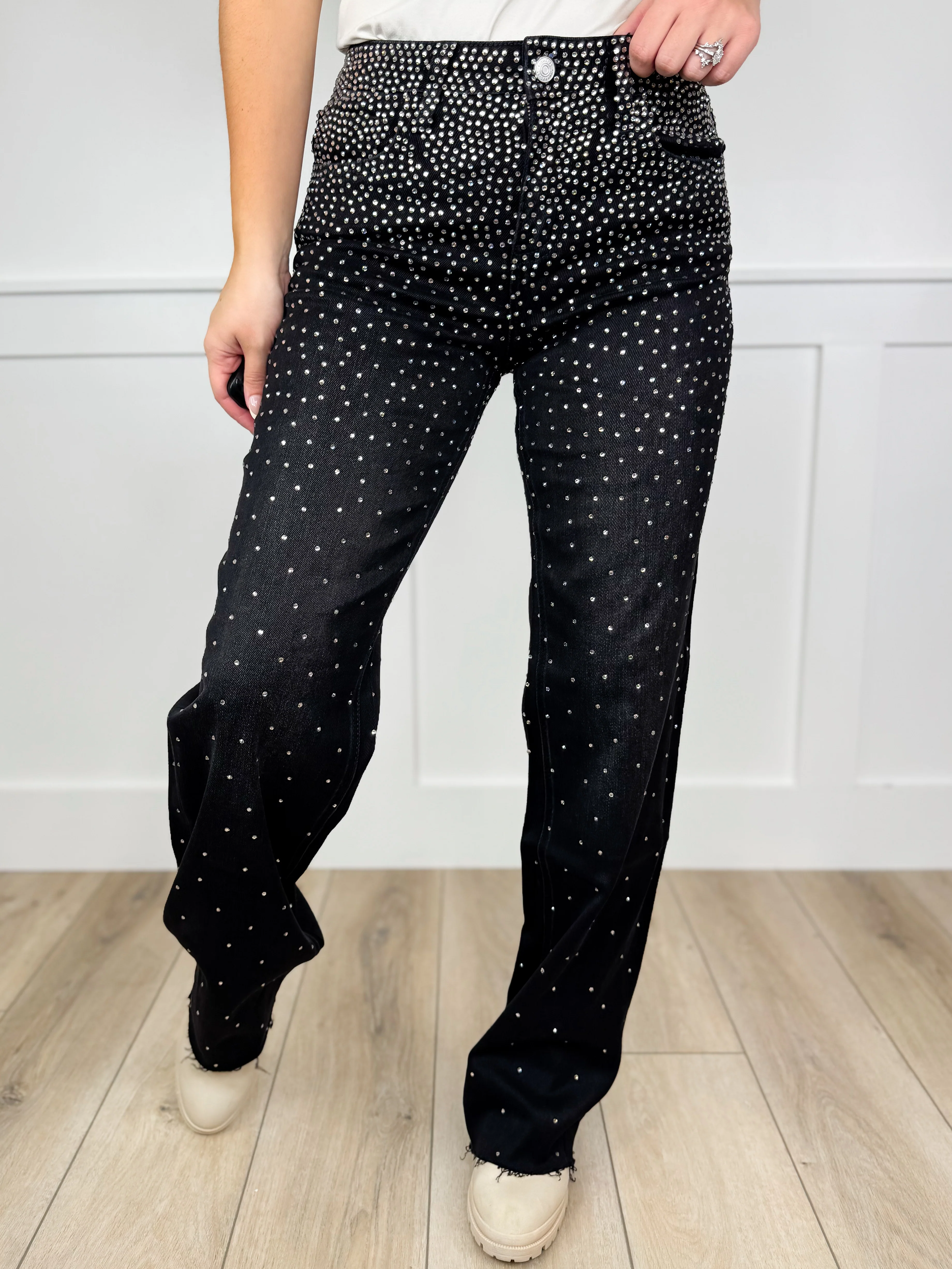 Vervet Flying Monkey Emmy High-Rise Slim Wide Jeans - Black (Rhinestone, Raw Hem, Non-Distressed)