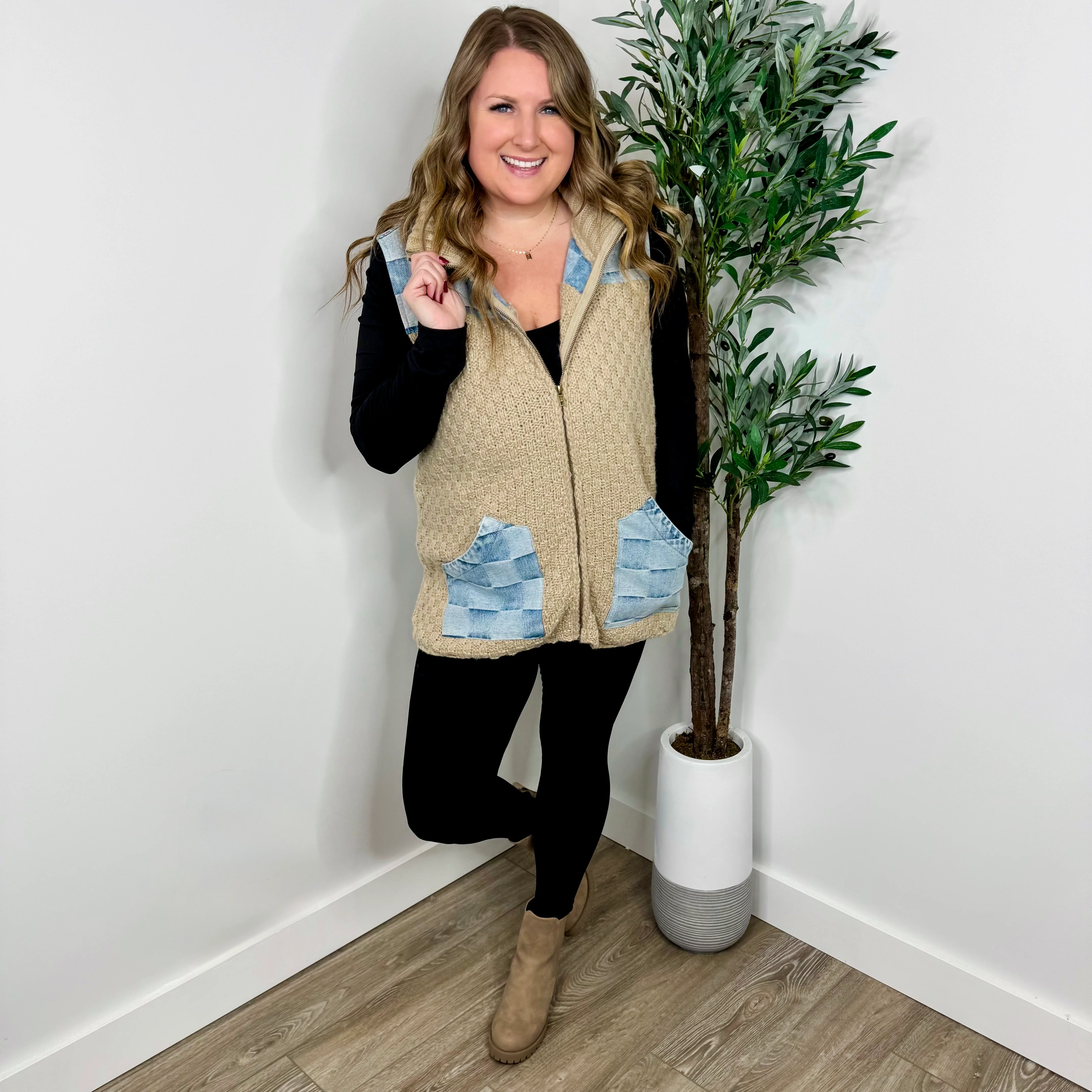 Watch Out Knit Tan Avery Mae Hooded Vest - Image 3