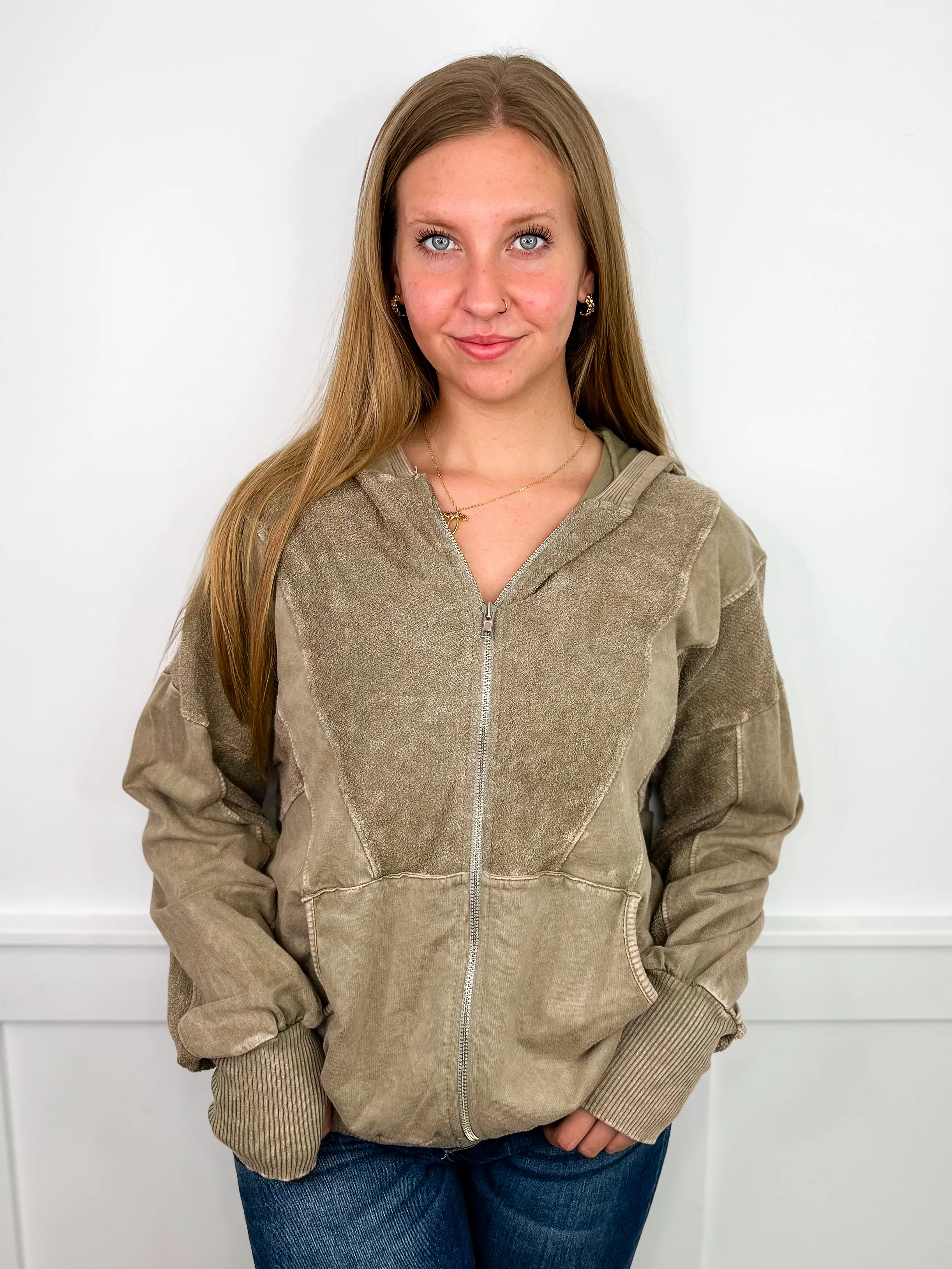 We Have it All Cotton Long Sleeve Sage Green Avery Mae Zip Up Sweatshirt