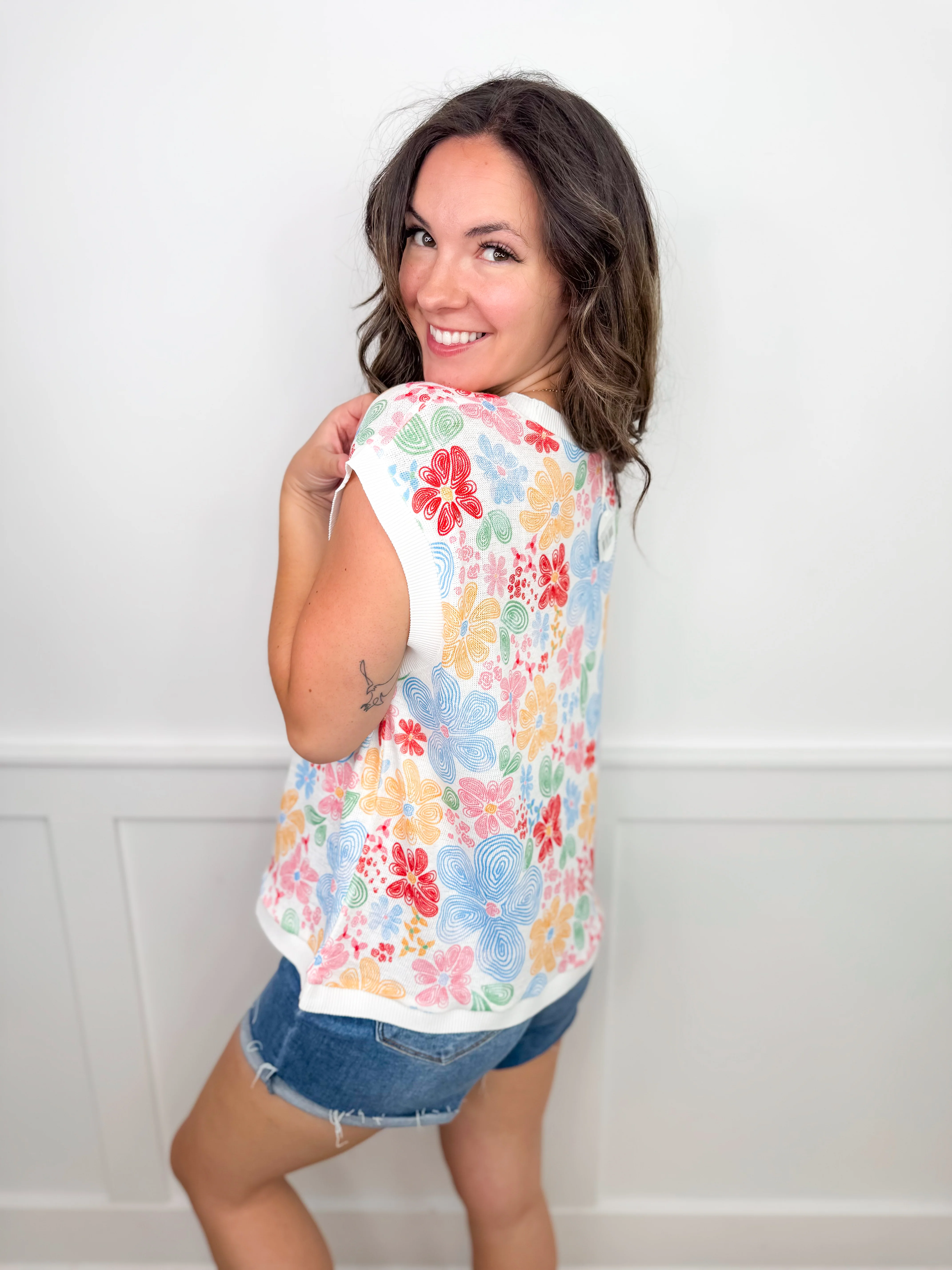 Whimsical Floral Fields Knit Short Sleeve White Avery Mae Top - Image 2