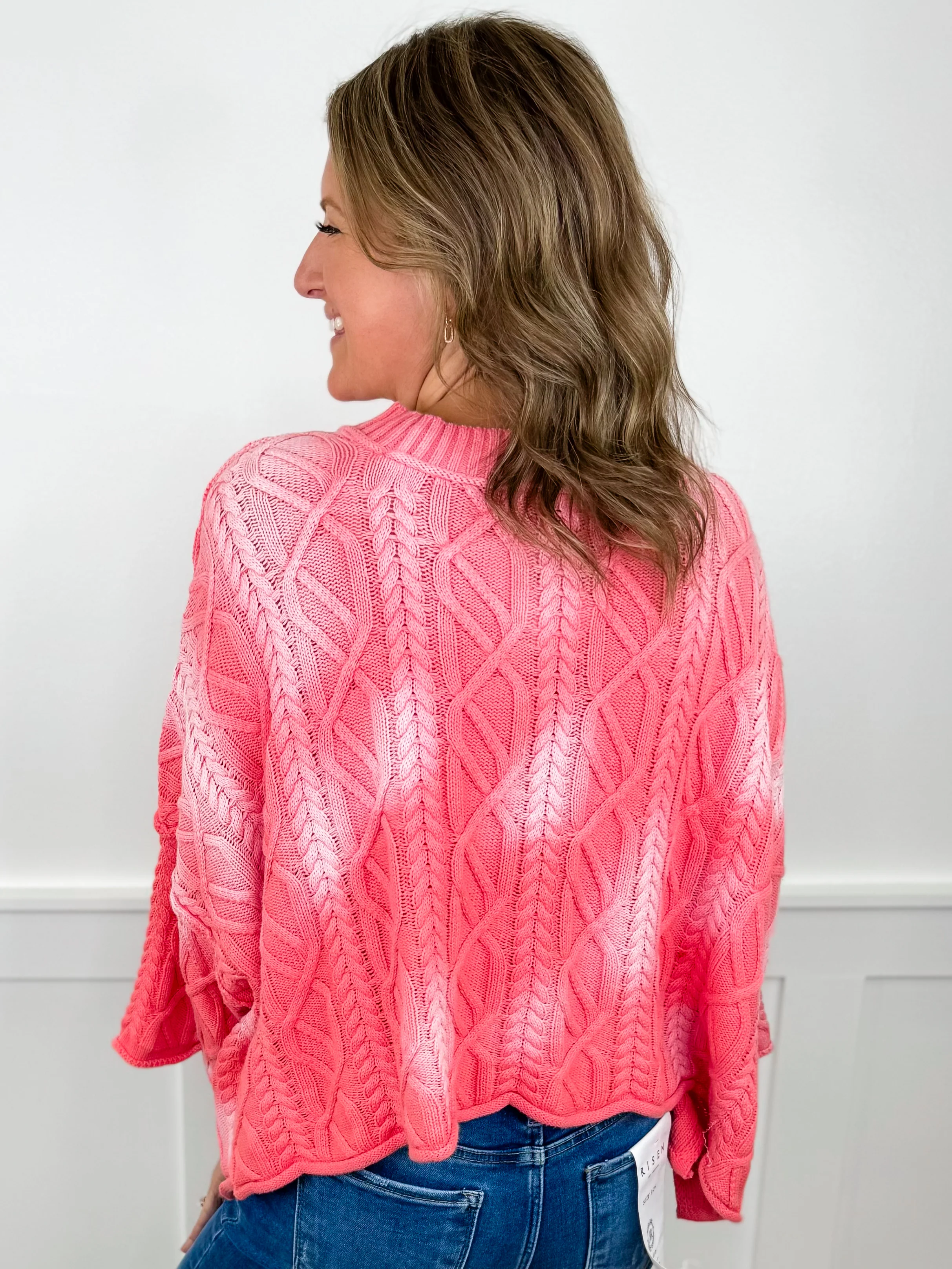 White Birch All the Feels Knit 3/4 Sleeve Pink Mom Cropped Sweater Top - Image 2